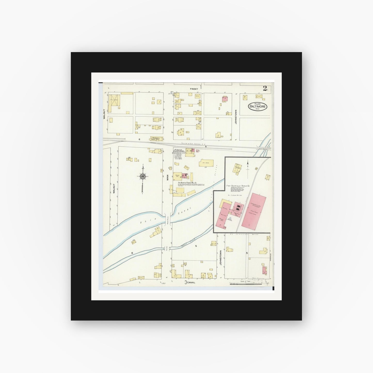 Old map wall art mockup — black gallery frame with white mat — Sanborn Fire Insurance Map from Baltimore, Fairfield County, Ohio (1910), Sheet #0002