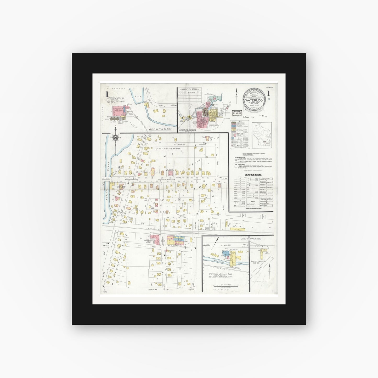 Old map wall art mockup — black gallery frame with white mat — Sanborn Fire Insurance Map from Waterloo, Jefferson County, Wisconsin (1936), Sheet #0001