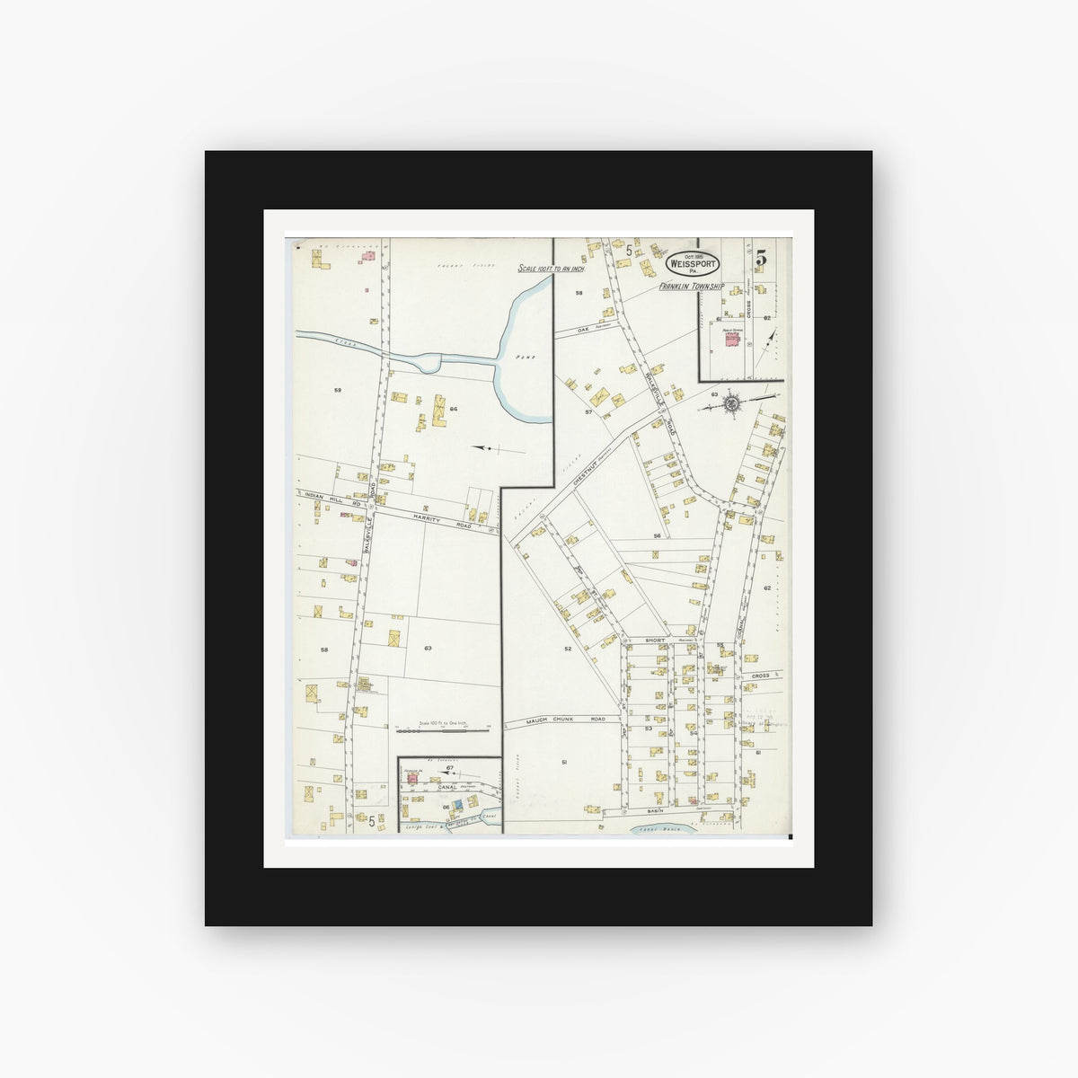 Old map wall art mockup — black gallery frame with white mat — Sanborn Fire Insurance Map from Weissport, Carbon County, Pennsylvania (1915), Sheet #0005