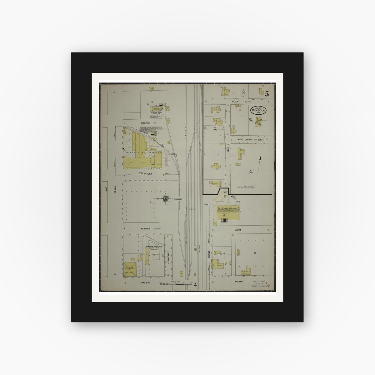 Old map wall art mockup — black gallery frame with white mat — Sanborn Fire Insurance Map from Mineola, Wood County, Texas (1912), Sheet #0005