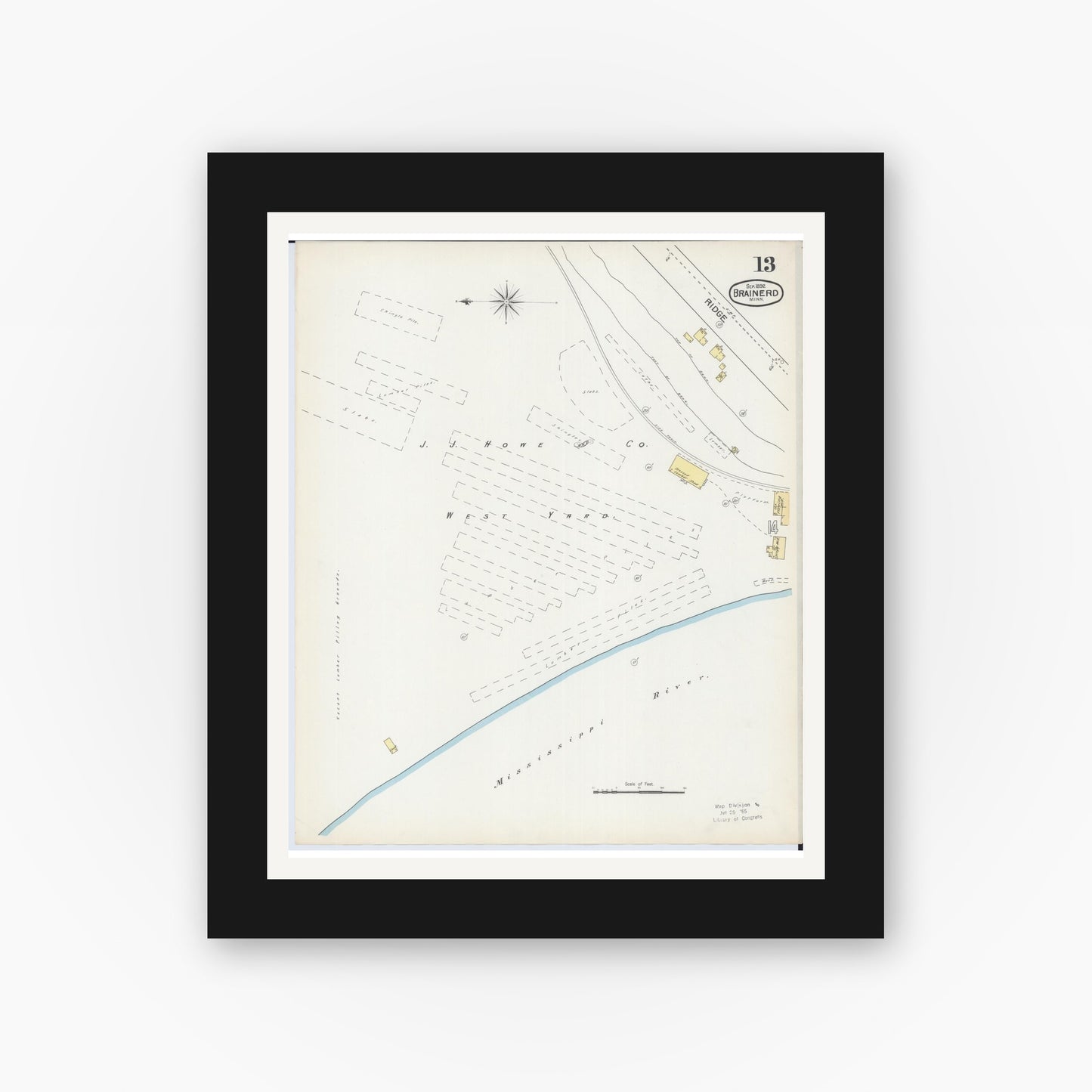 Old map wall art mockup — black gallery frame with white mat — Sanborn Fire Insurance Map from Brainerd, Crow Wing County, Minnesota (1892), Sheet #0013