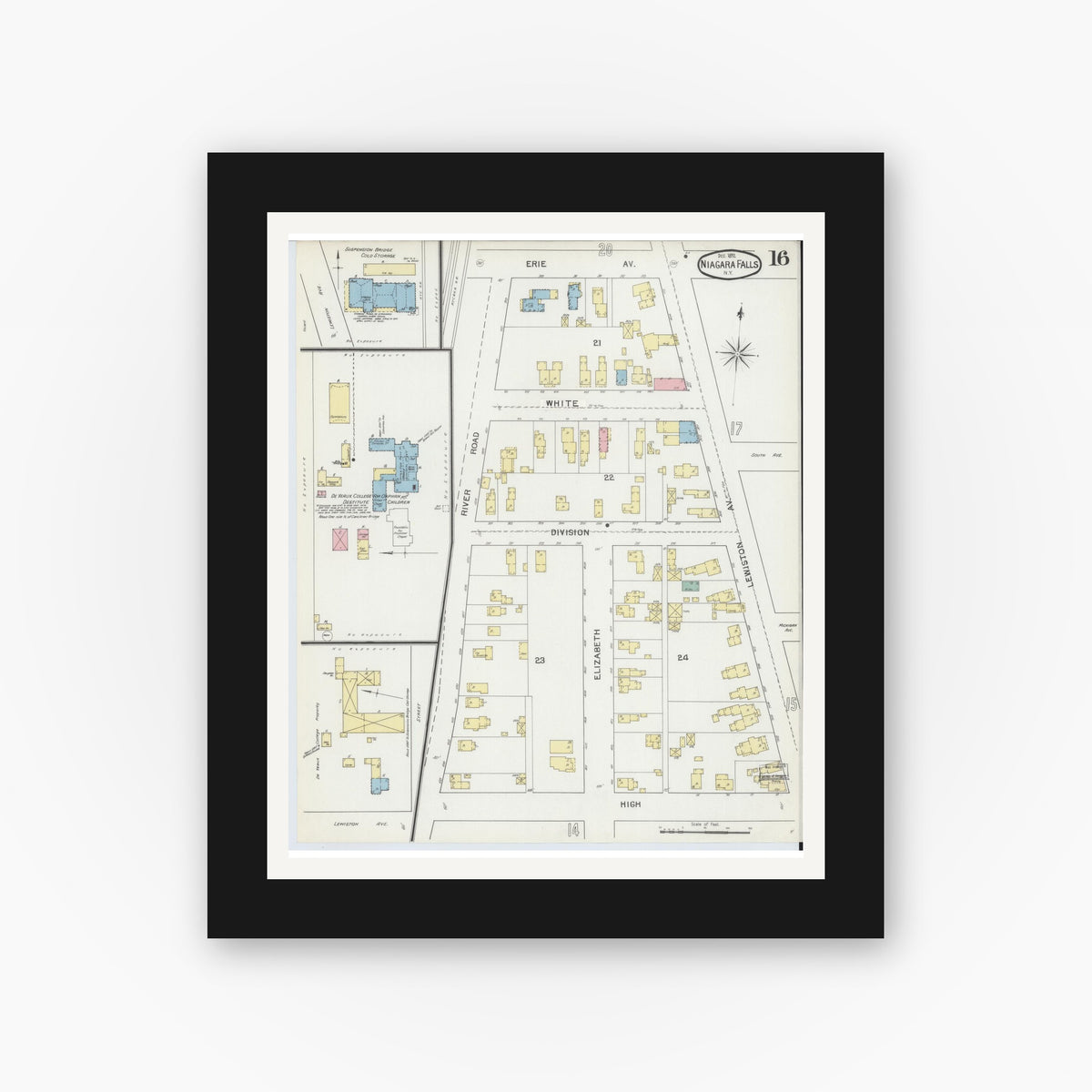 Old map wall art mockup — black gallery frame with white mat — Sanborn Fire Insurance Map from Niagara Falls, Niagara County, New York (1892), Sheet #0016