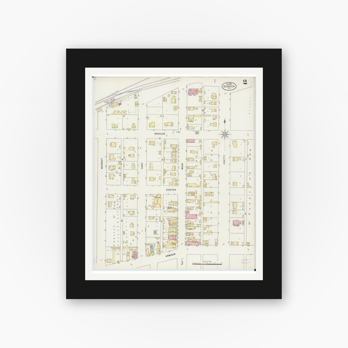 Old map wall art mockup — black gallery frame with white mat — Sanborn Fire Insurance Map from Seneca, La Salle County, Illinois (1898), Sheet #0002