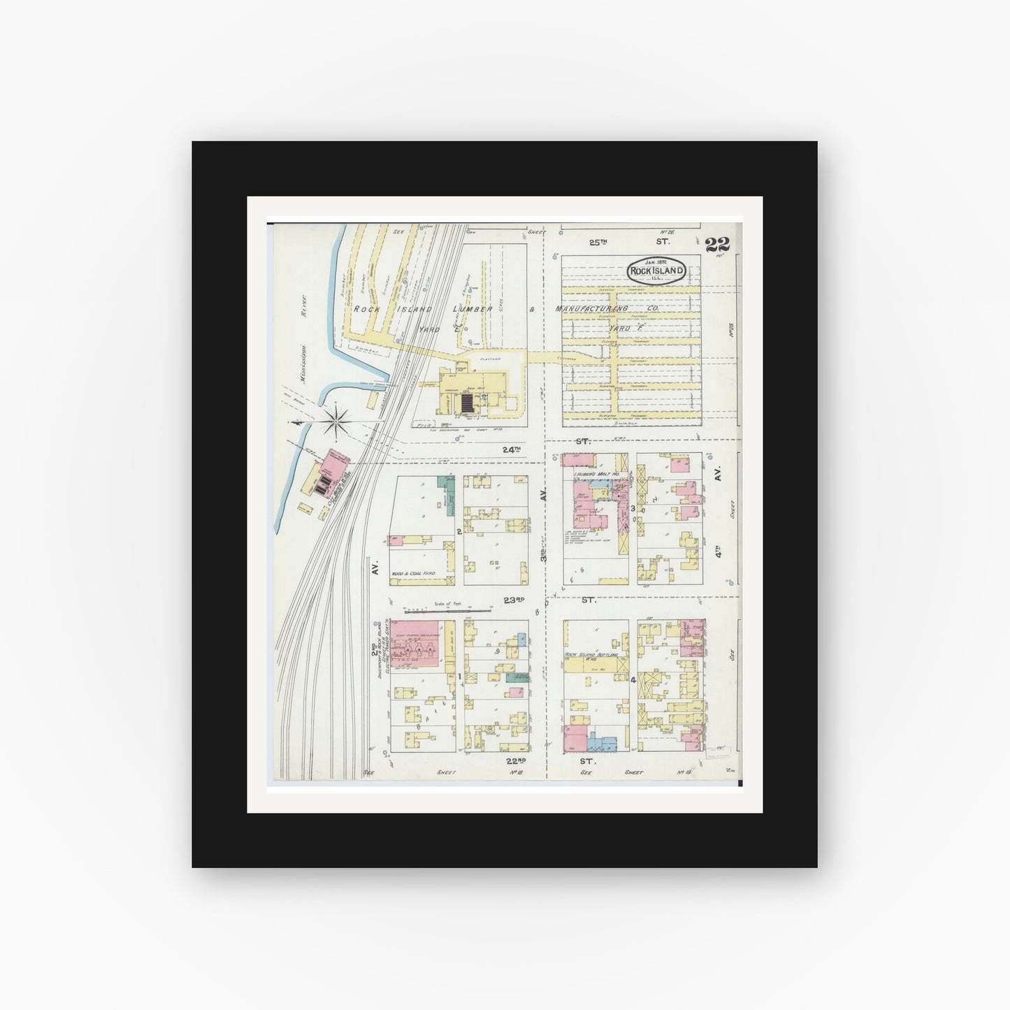 Old map wall art mockup — black gallery frame with white mat — Sanborn Fire Insurance Map from Rock Island, Rock Island County, Illinois (1892), Sheet #0022