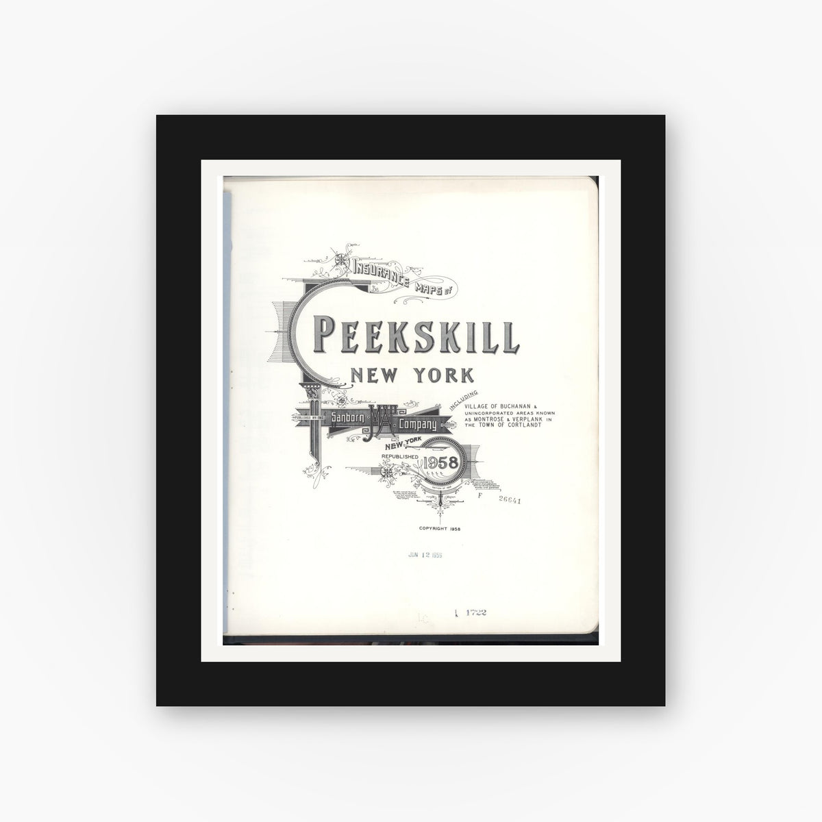 Old map wall art mockup — black gallery frame with white mat — Sanborn Fire Insurance Map from Peekskill, Westchester County, New York (1958), Sheet #0001