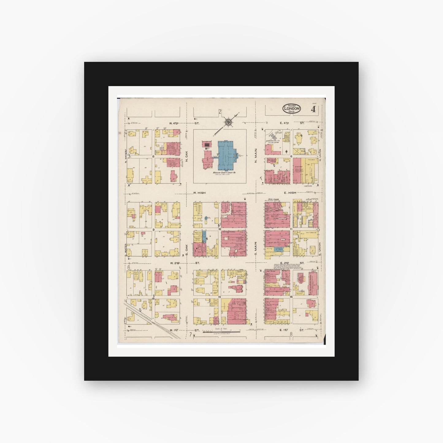 Old map wall art mockup — black gallery frame with white mat — Sanborn Fire Insurance Map from London, Madison County, Ohio (1921), Sheet #0004