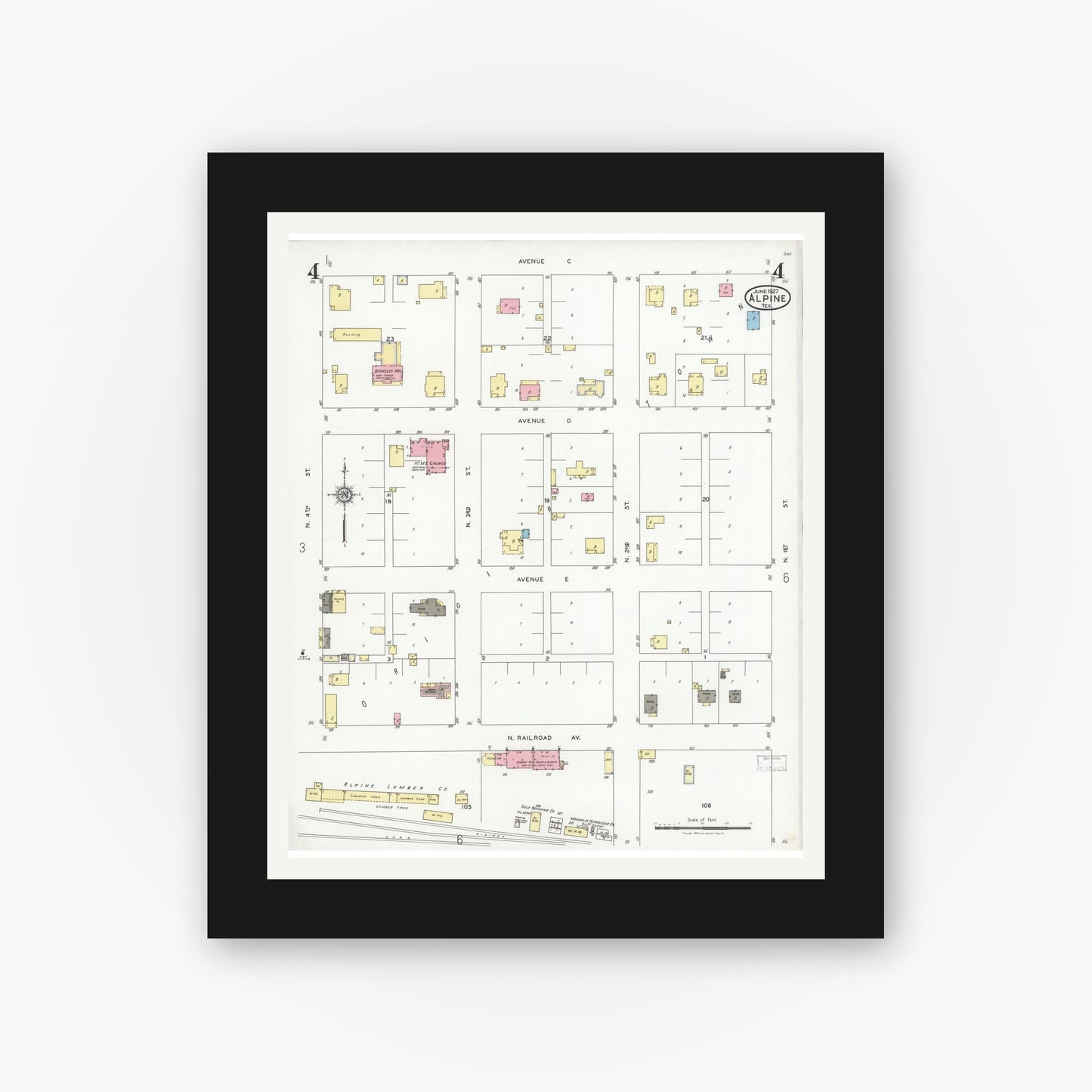 Old map wall art mockup — black gallery frame with white mat — Sanborn Fire Insurance Map from Alpine, Brewster County, Texas (1927), Sheet #0004