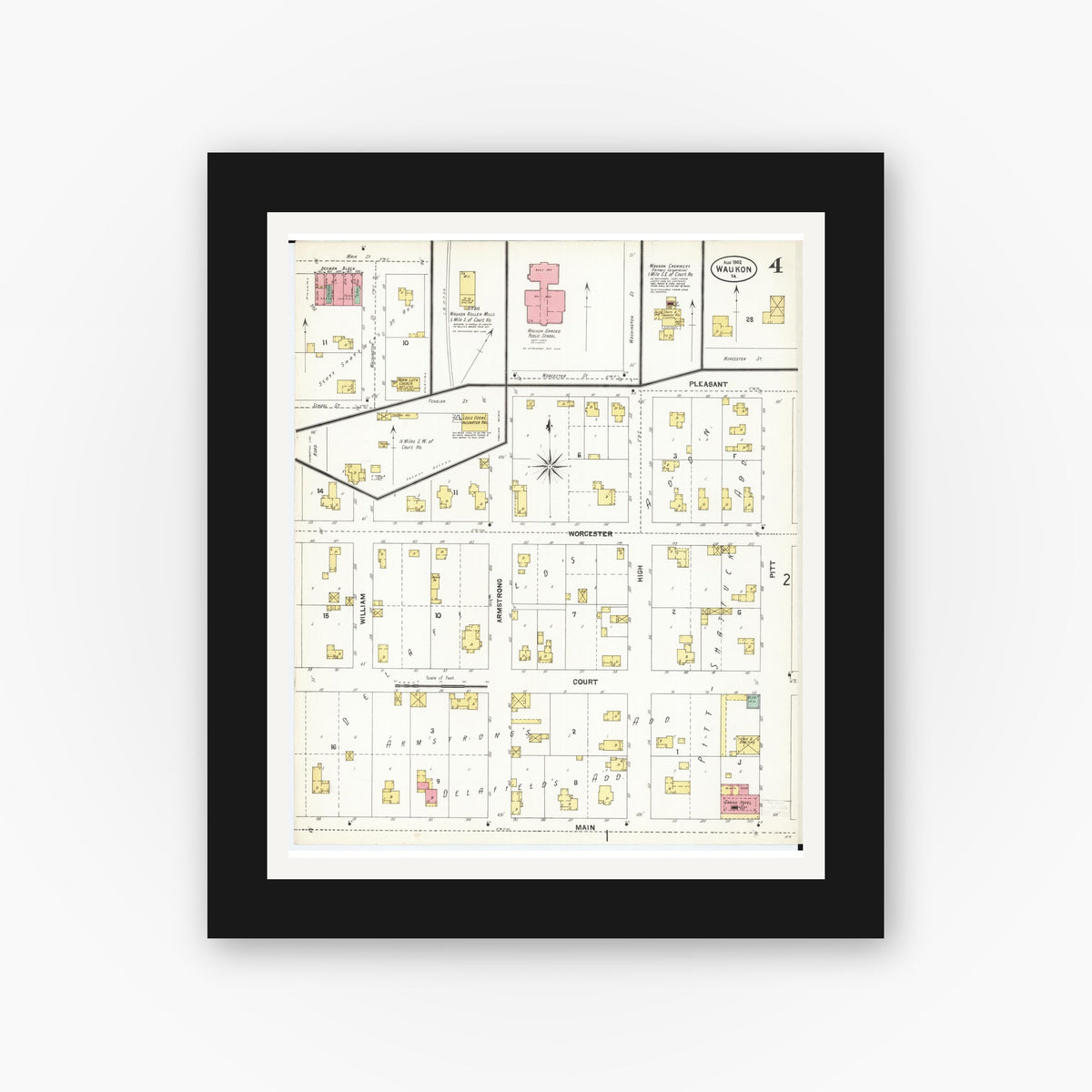 Old map wall art mockup — black gallery frame with white mat — Sanborn Fire Insurance Map from Waukon, Allamakee County, Iowa (1902), Sheet #0004