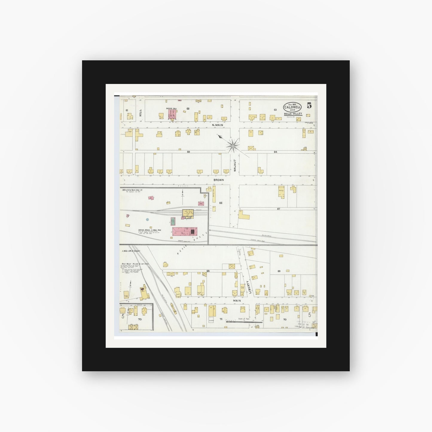 Old map wall art mockup — black gallery frame with white mat — Sanborn Fire Insurance Map from Caldwell, Noble County, Ohio (1905), Sheet #0005