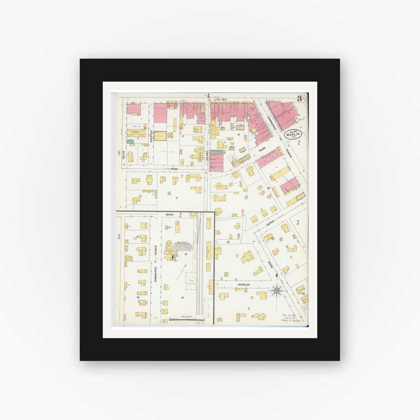 Old map wall art mockup — black gallery frame with white mat — Sanborn Fire Insurance Map from Marlin, Falls County, Texas (1903), Sheet #0003