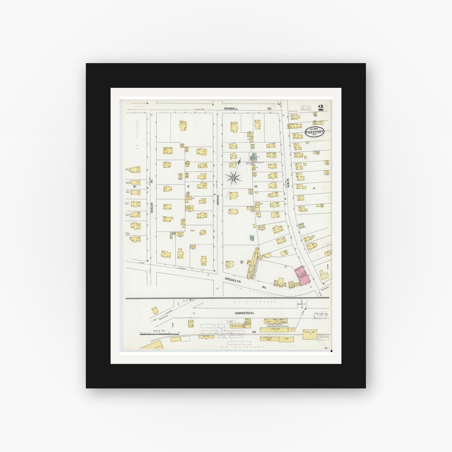Old map wall art mockup — black gallery frame with white mat — Sanborn Fire Insurance Map from Freeport, Nassau County, New York (1904), Sheet #0002