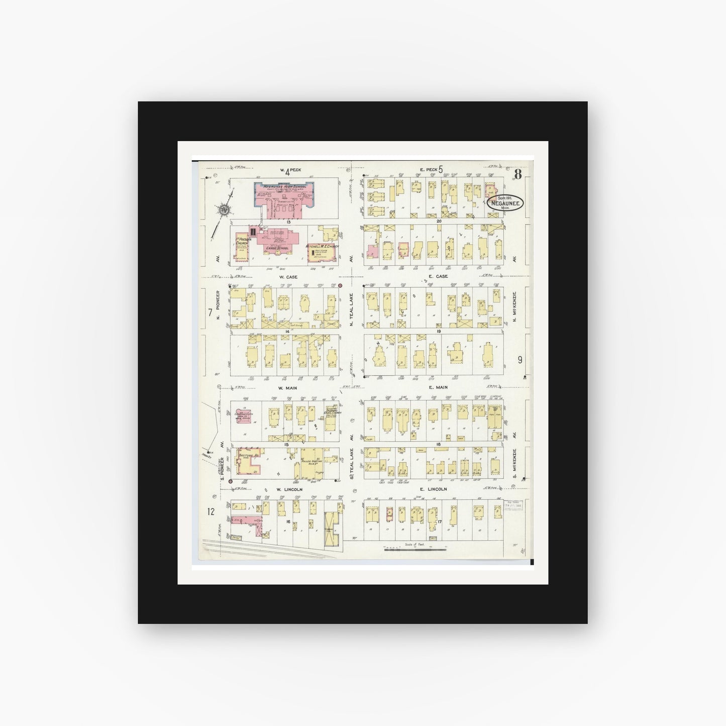 Old map wall art mockup — black gallery frame with white mat — Sanborn Fire Insurance Map from Negaunee, Marquette County, Michigan (1911), Sheet #0008