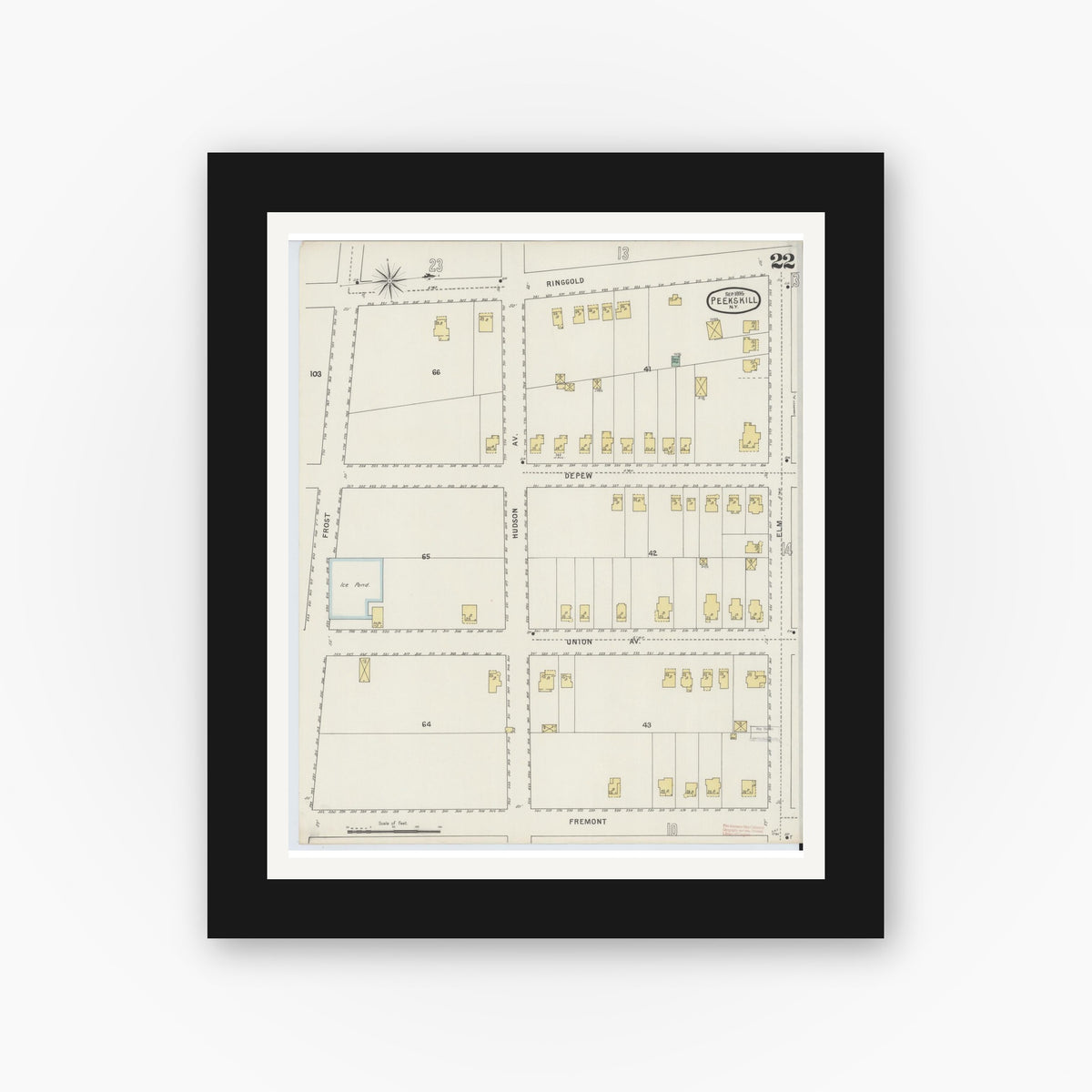 Old map wall art mockup — black gallery frame with white mat — Sanborn Fire Insurance Map from Peekskill, Westchester County, New York (1895), Sheet #0022
