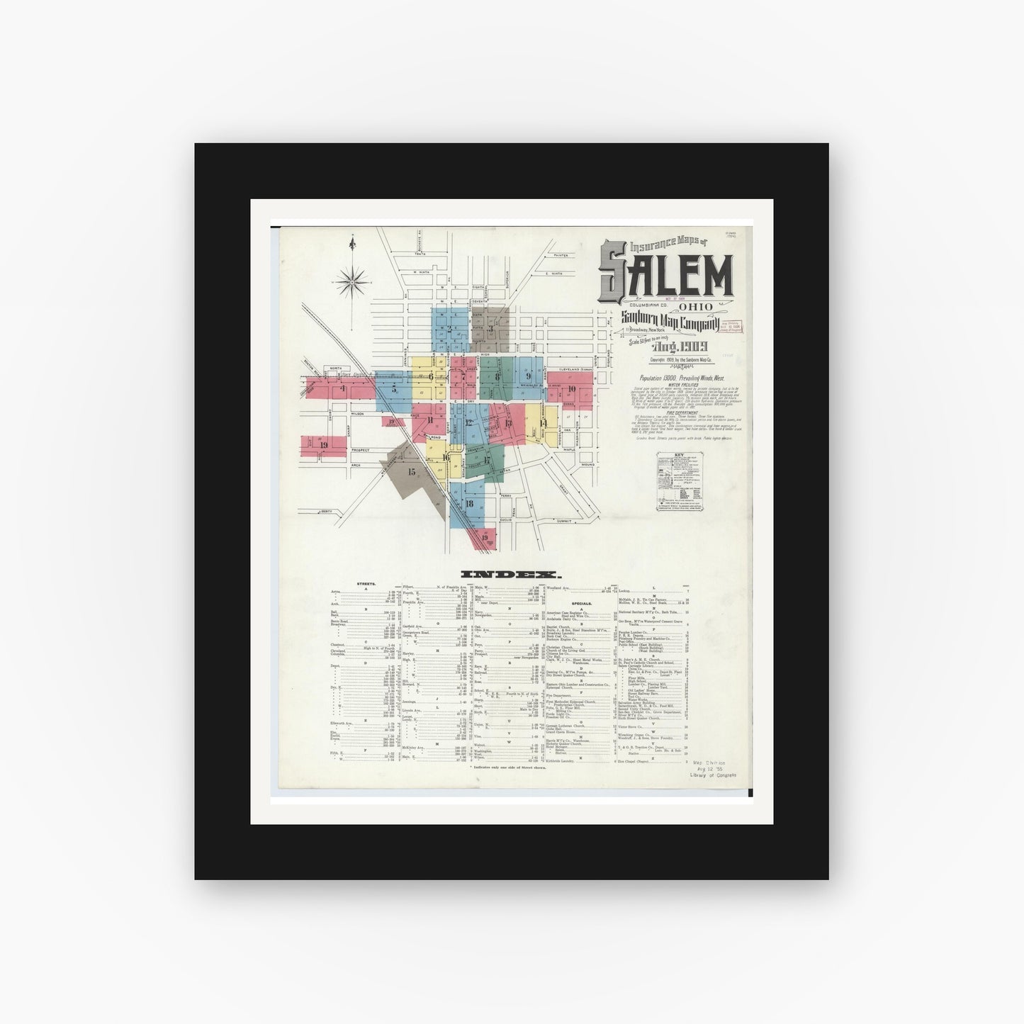 Old map wall art mockup — black gallery frame with white mat — Sanborn Fire Insurance Map from Salem, Columbiana County, Ohio (1909), Sheet #0001