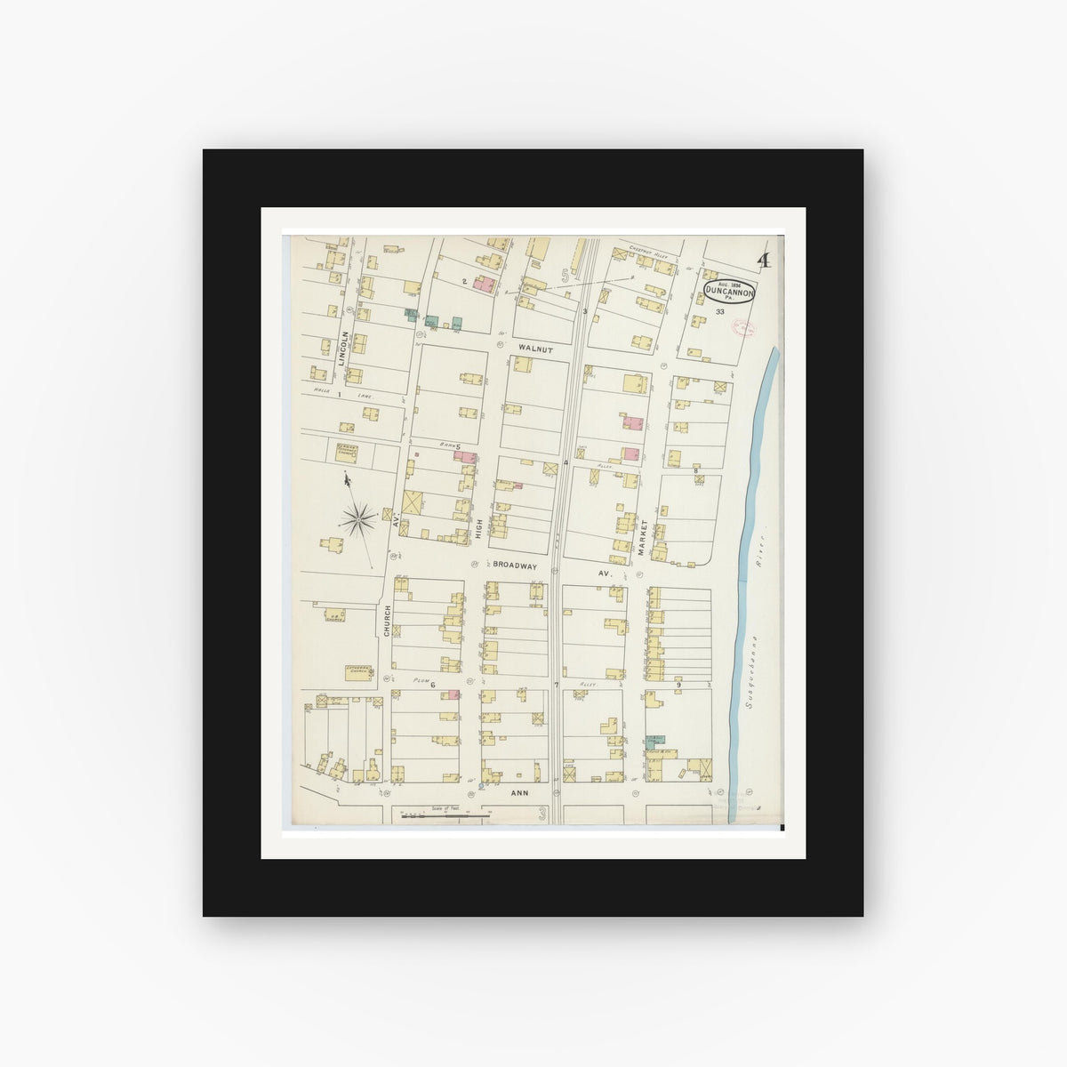 Old map wall art mockup β black gallery frame with white mat β Sanborn Fire Insurance Map from Duncannon, Perry County, Pennsylvania (1894), Sheet #0004