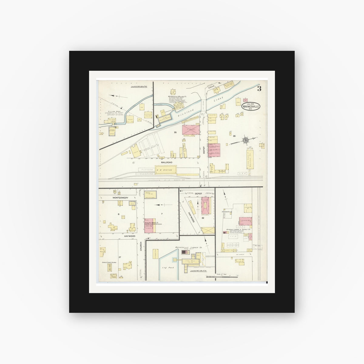 Old map wall art mockup — black gallery frame with white mat — Sanborn Fire Insurance Map from Waynesville, Haywood County, North Carolina (1913), Sheet #0003