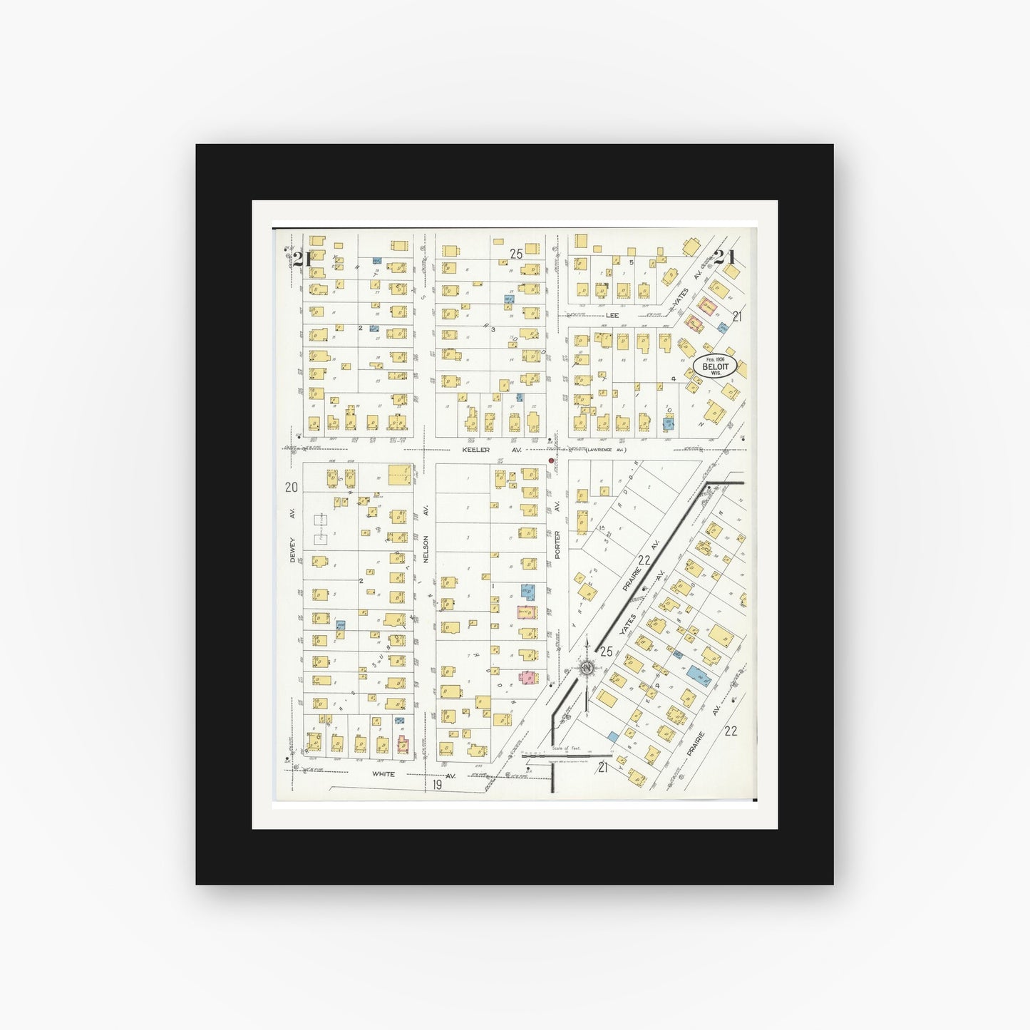 Old map wall art mockup — black gallery frame with white mat — Sanborn Fire Insurance Map from Beloit, Rock County, Wisconsin (1926), Sheet #0021