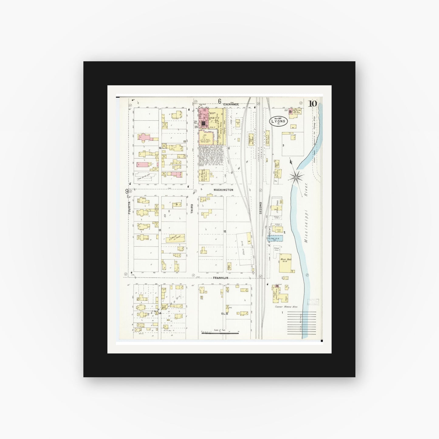 Old map wall art mockup — black gallery frame with white mat — Sanborn Fire Insurance Map from Lyons, Clinton County, Iowa (1897), Sheet #0010