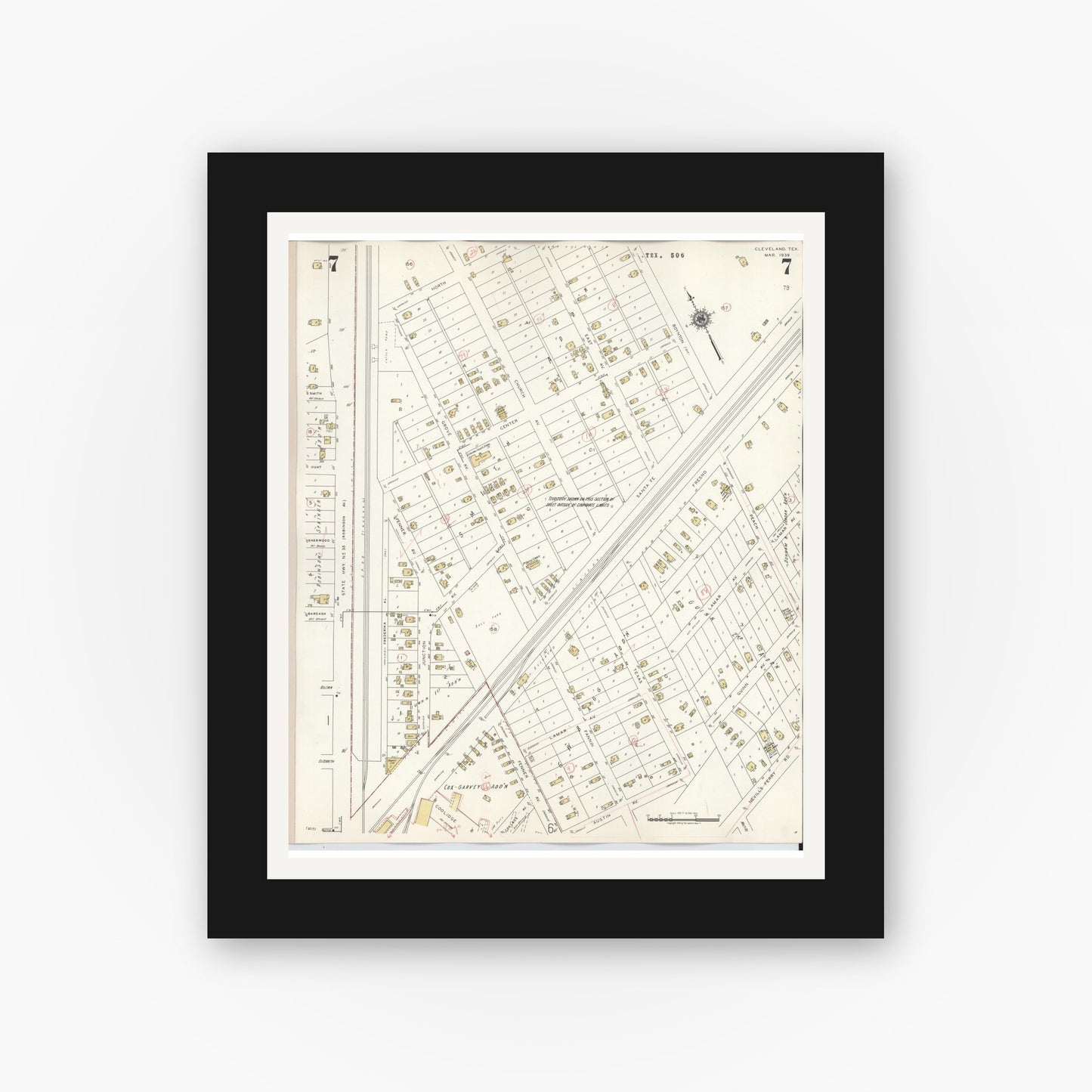 Old map wall art mockup — black gallery frame with white mat — Sanborn Fire Insurance Map from Cleveland, Liberty County, Texas (1939), Sheet #0007