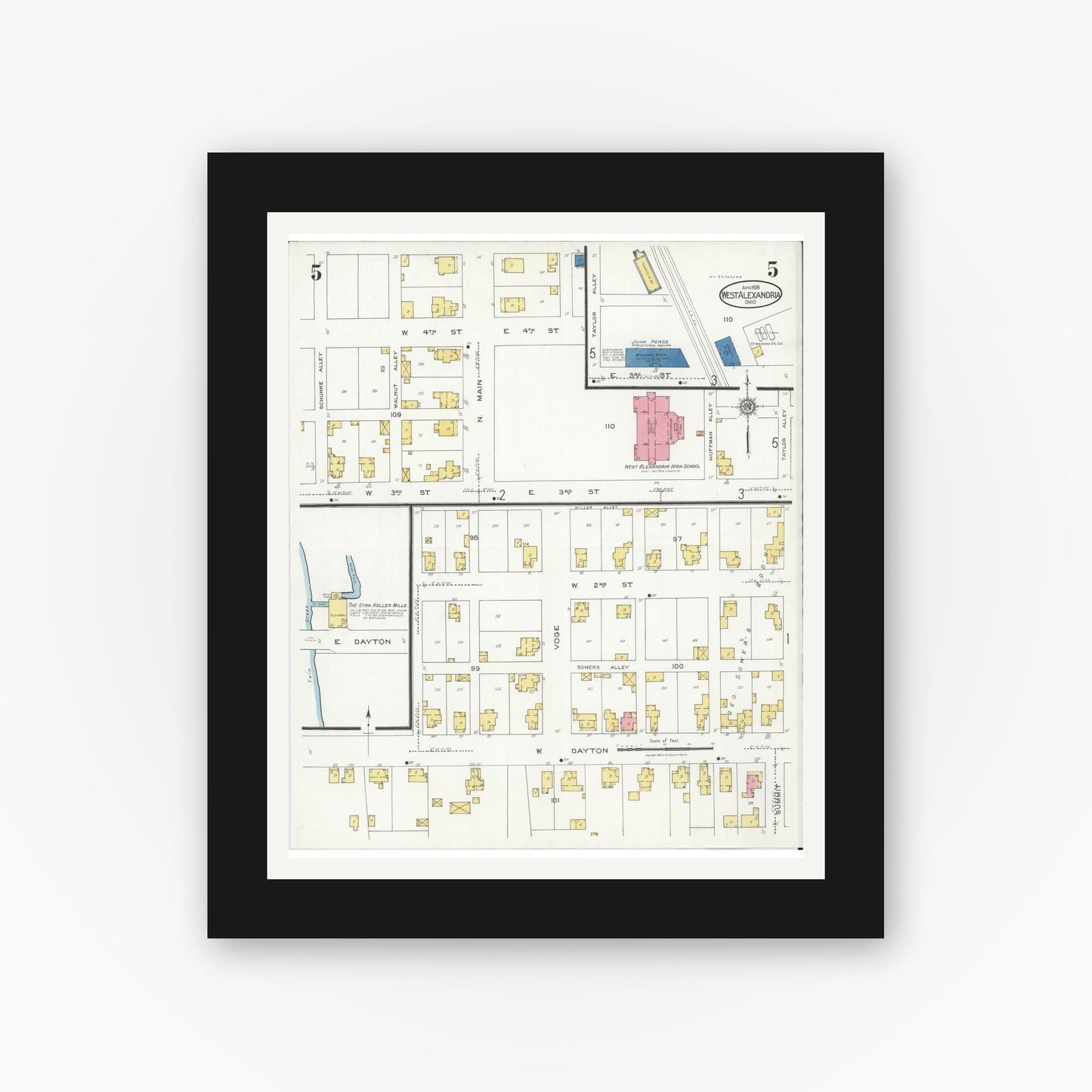Old map wall art mockup — black gallery frame with white mat — Sanborn Fire Insurance Map from West Alexandria, Preble County, Ohio (1926), Sheet #0005