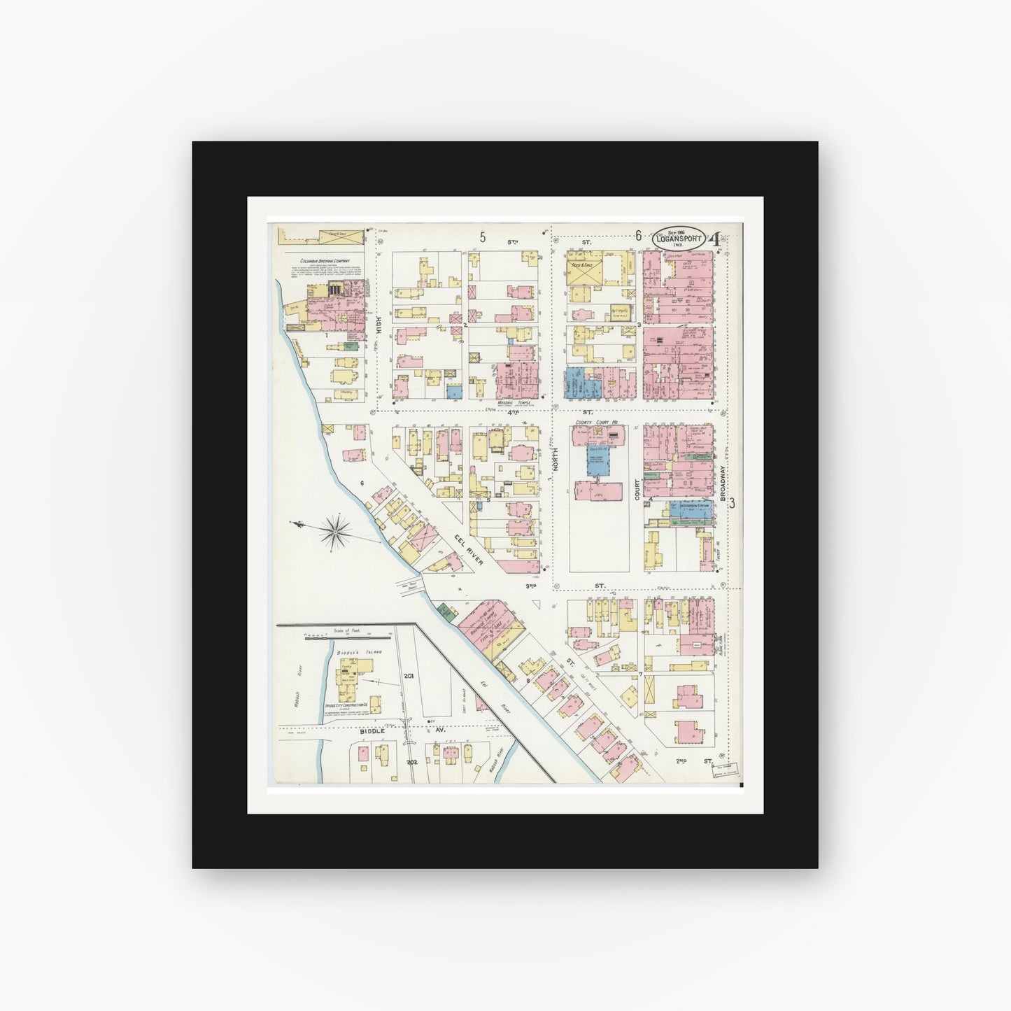 Old map wall art mockup — black gallery frame with white mat — Sanborn Fire Insurance Map from Logansport, Cass County, Indiana (1906), Sheet #0004