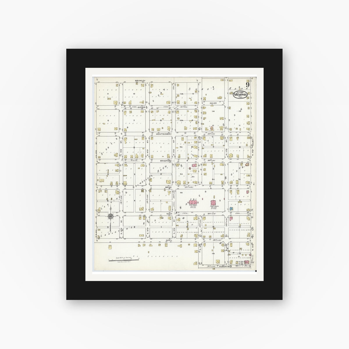 Old map wall art mockup — black gallery frame with white mat — Sanborn Fire Insurance Map from Memphis, Hall County, Texas (1920), Sheet #0009