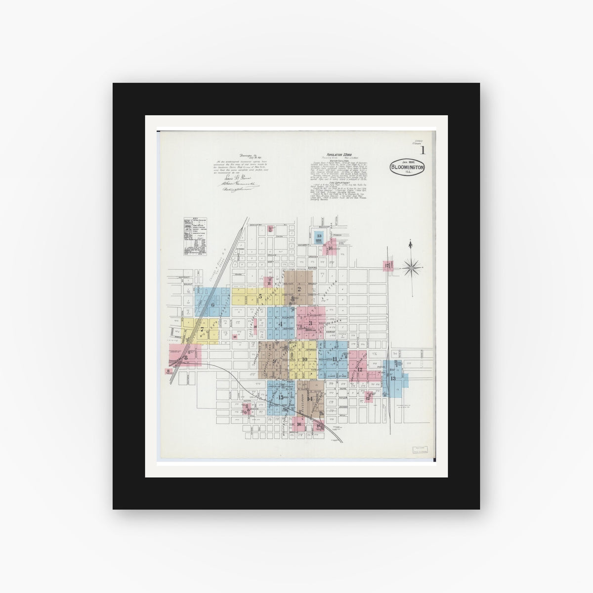 Old map wall art mockup — black gallery frame with white mat — Sanborn Fire Insurance Map from Bloomington, McLean County, Illinois (1892), Sheet #0001