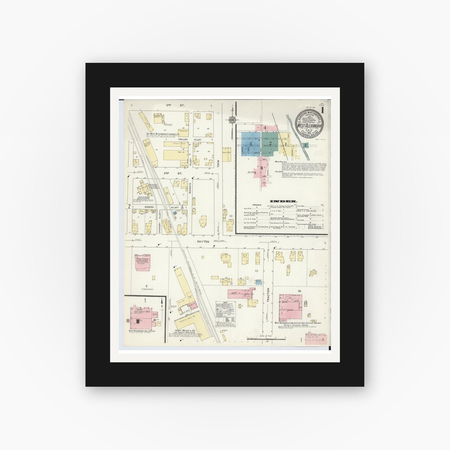 Old map wall art mockup — black gallery frame with white mat — Sanborn Fire Insurance Map from West Alexandria, Preble County, Ohio (1912) - Complete Map Set