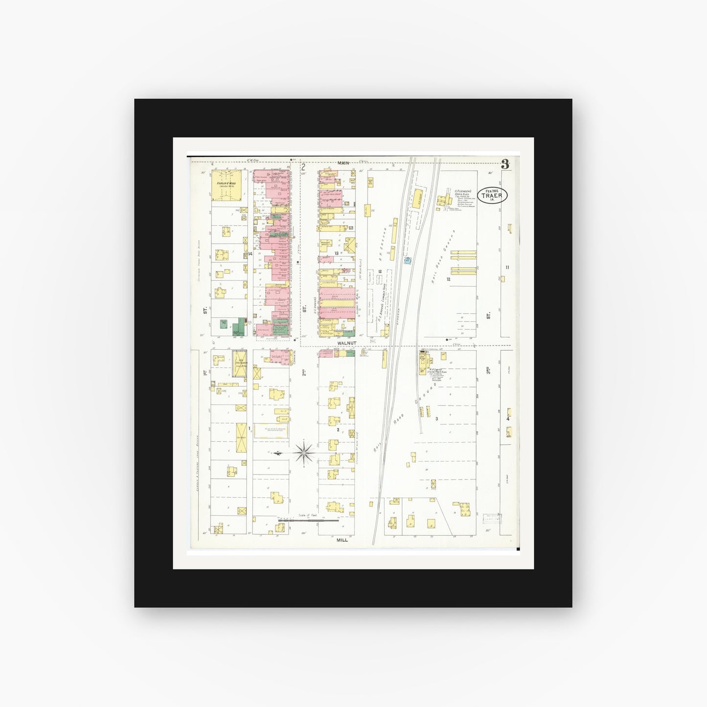 Old map wall art mockup — black gallery frame with white mat — Sanborn Fire Insurance Map from Traer, Tama County, Iowa (1902), Sheet #0003