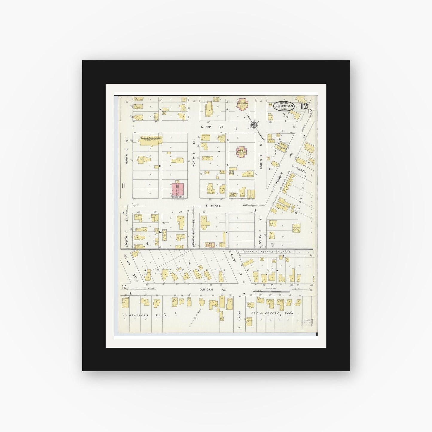 Old map wall art mockup — black gallery frame with white mat — Sanborn Fire Insurance Map from Cheboygan, Cheboygan County, Michigan (1915), Sheet #0012