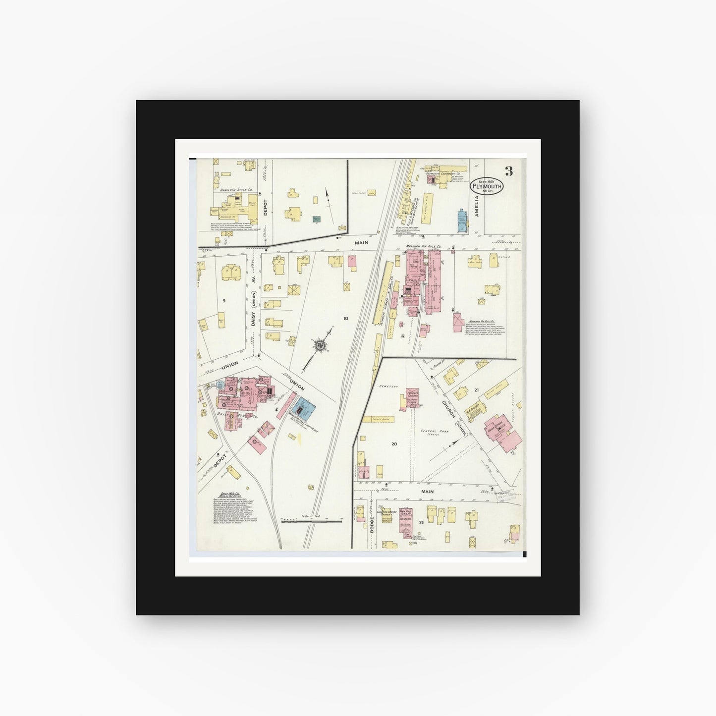 Old map wall art mockup — black gallery frame with white mat — Sanborn Fire Insurance Map from Plymouth, Wayne County, Michigan (1909), Sheet #0003