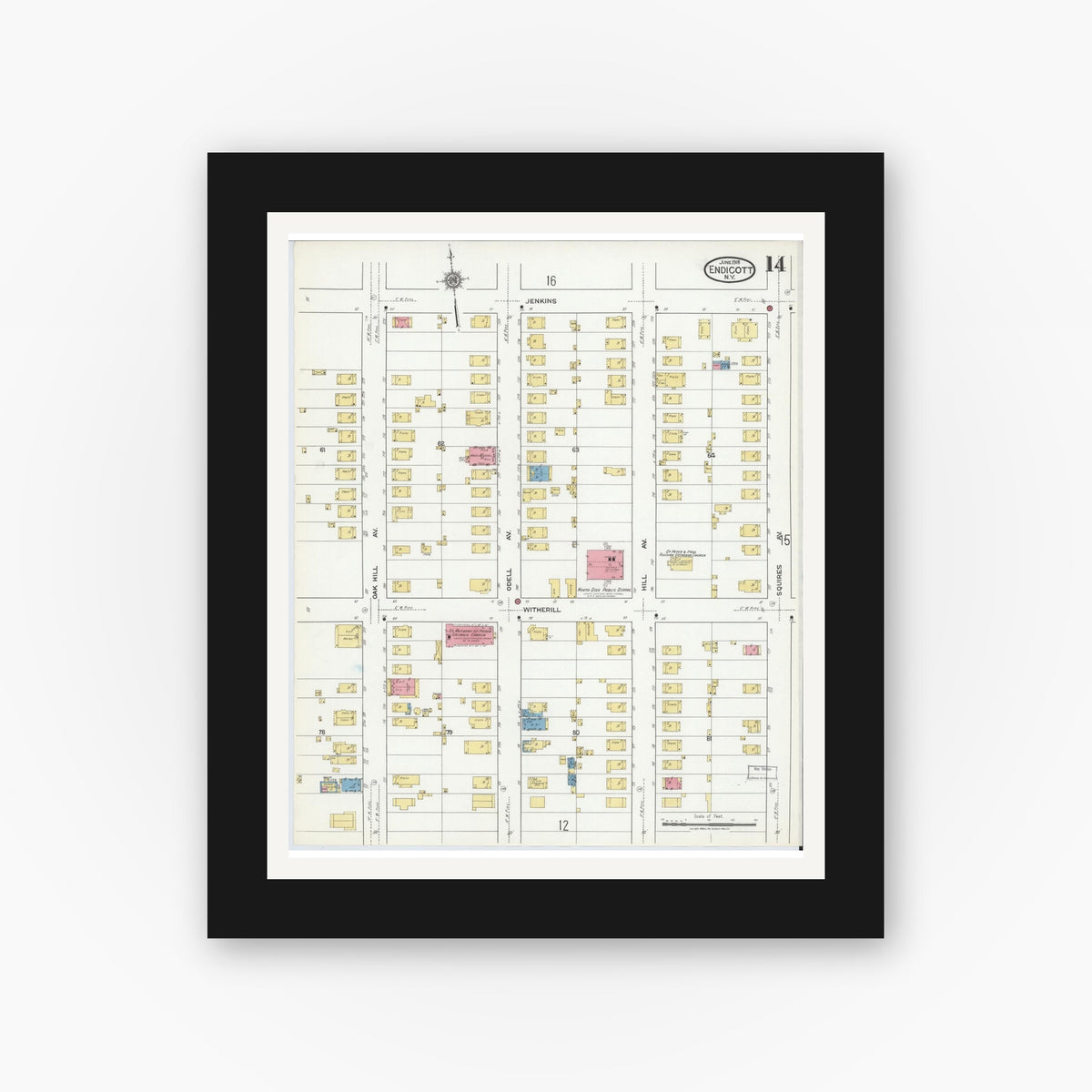 Old map wall art mockup — black gallery frame with white mat — Sanborn Fire Insurance Map from Endicott, Broome County, New York (1918), Sheet #0014
