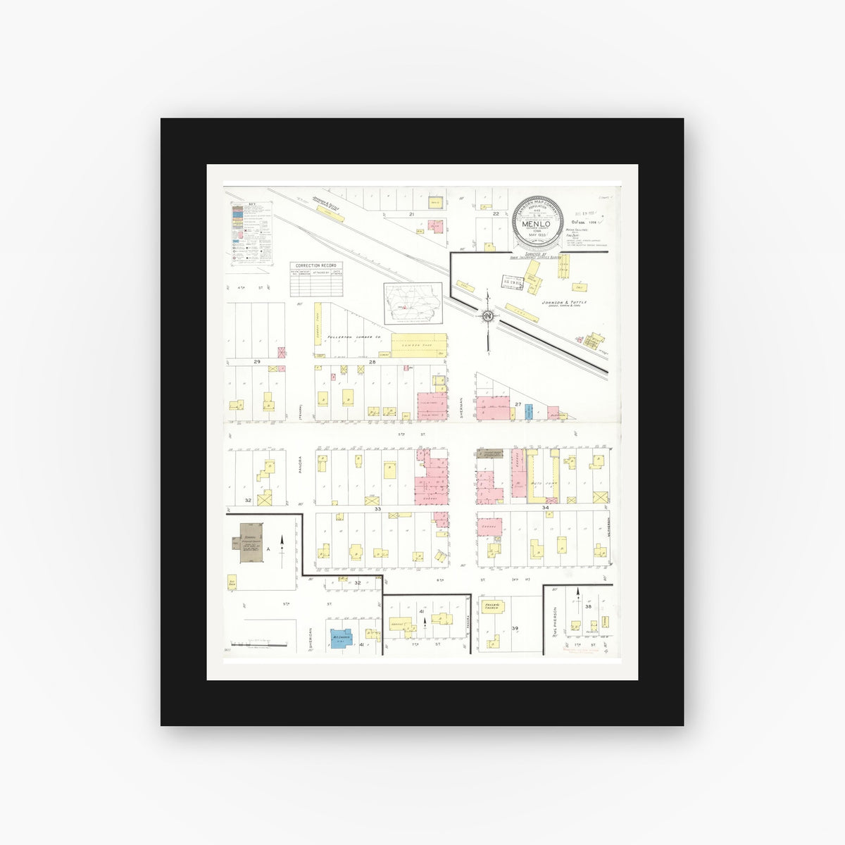 Old map wall art mockup — black gallery frame with white mat — Sanborn Fire Insurance Map from Menlo, Guthrie County, Iowa (1933), Sheet #0001