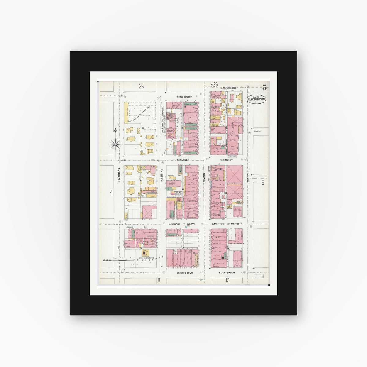 Old map wall art mockup β black gallery frame with white mat β Sanborn Fire Insurance Map from Bloomington, McLean County, Illinois (1901), Sheet #0005