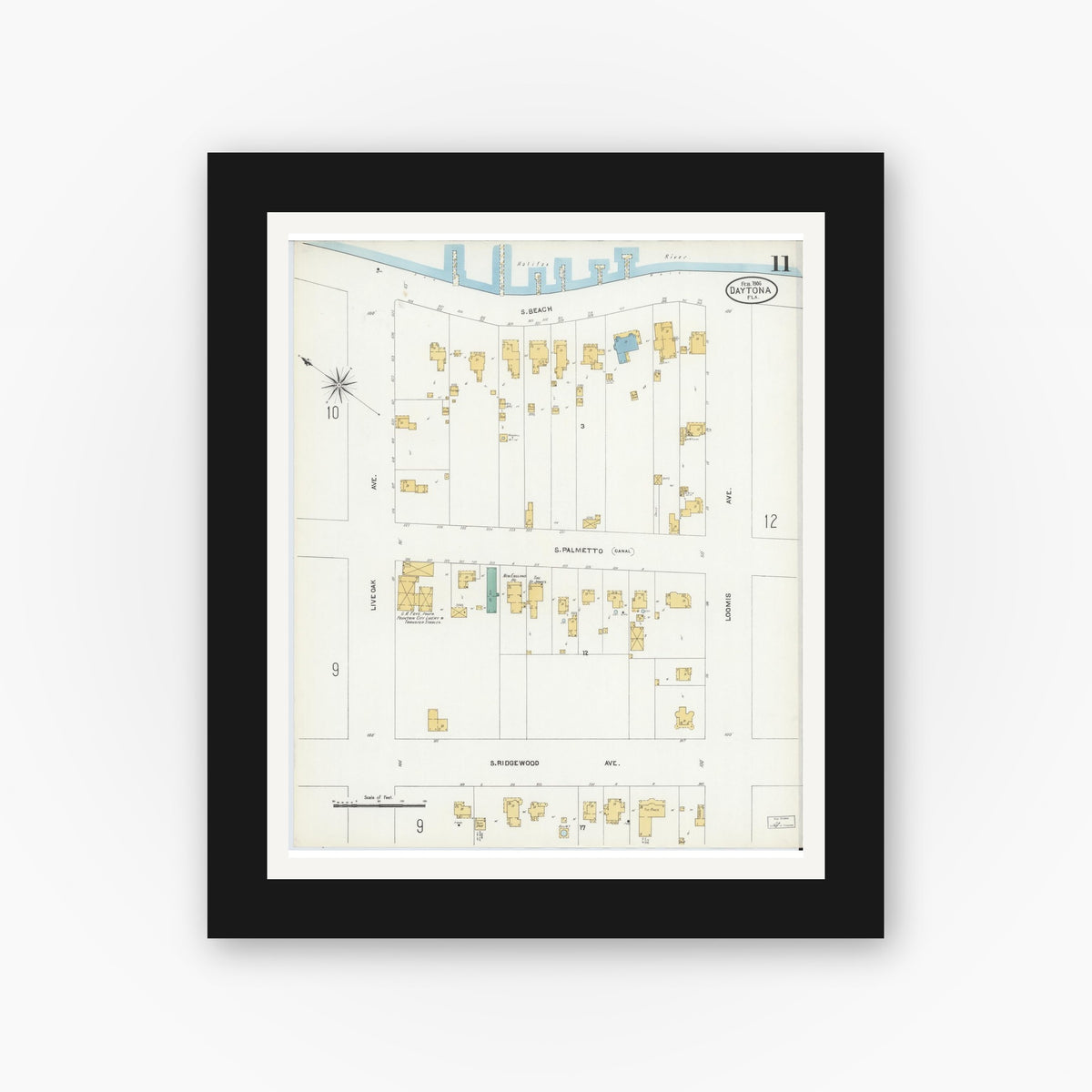 Old map wall art mockup — black gallery frame with white mat — Sanborn Fire Insurance Map from Daytona, Volusia County, Florida (1906), Sheet #0011