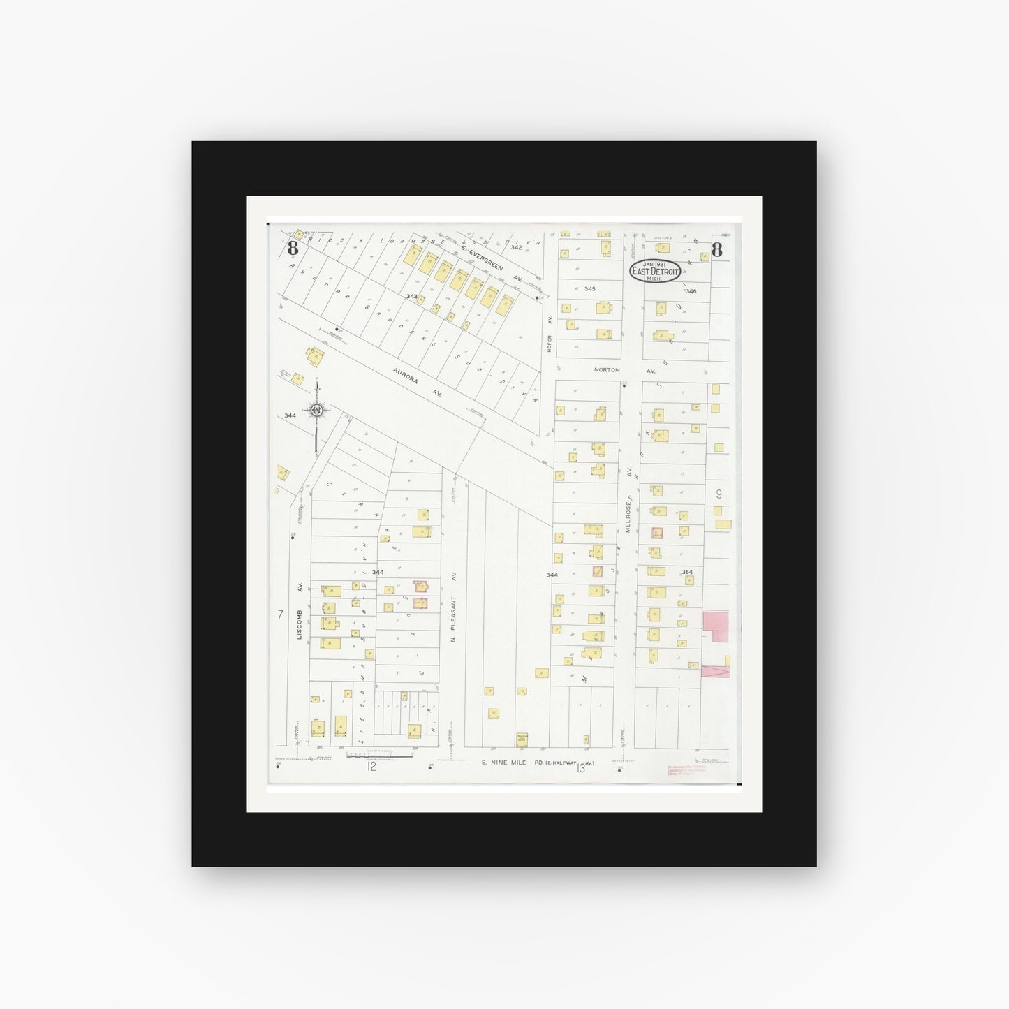 Old map wall art mockup — black gallery frame with white mat — Sanborn Fire Insurance Map from East Detroit, Macomb County, Michigan (1931), Sheet #0008