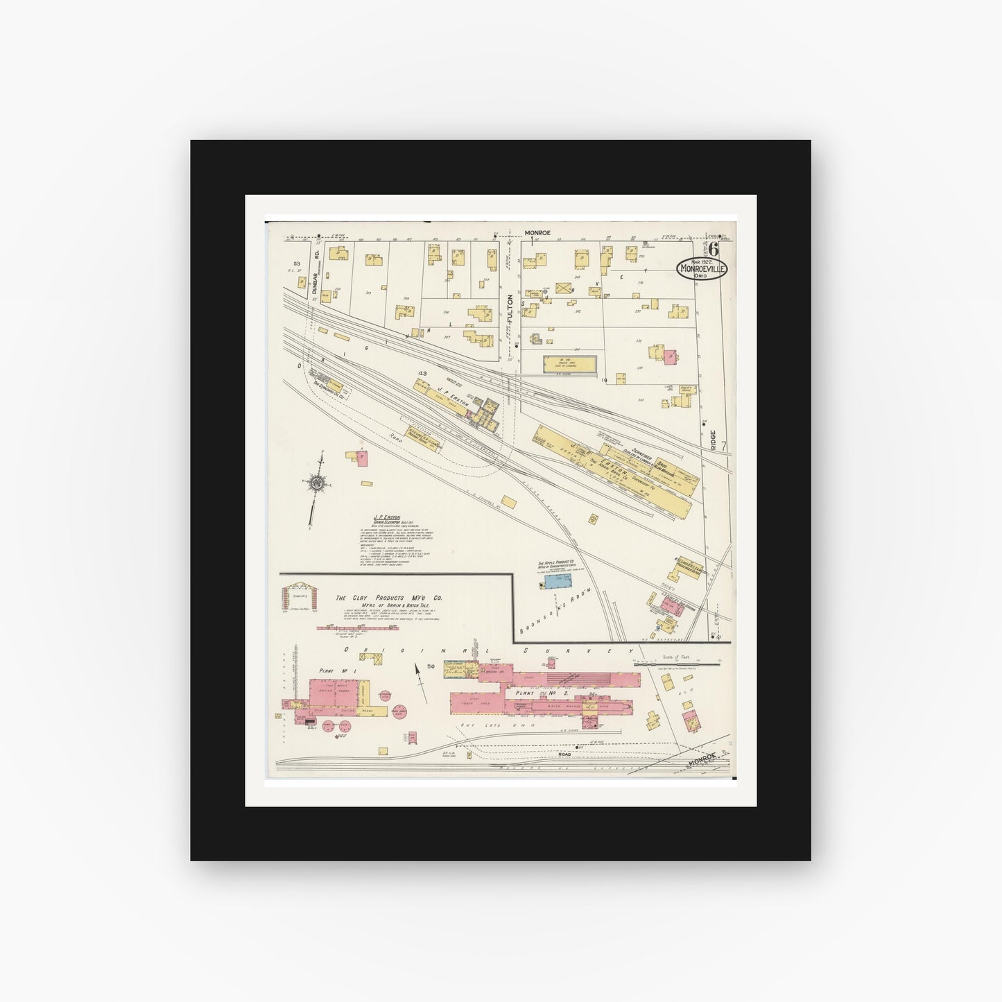 Old map wall art mockup — black gallery frame with white mat — Sanborn Fire Insurance Map from Monroeville, Huron County, Ohio (1922), Sheet #0006