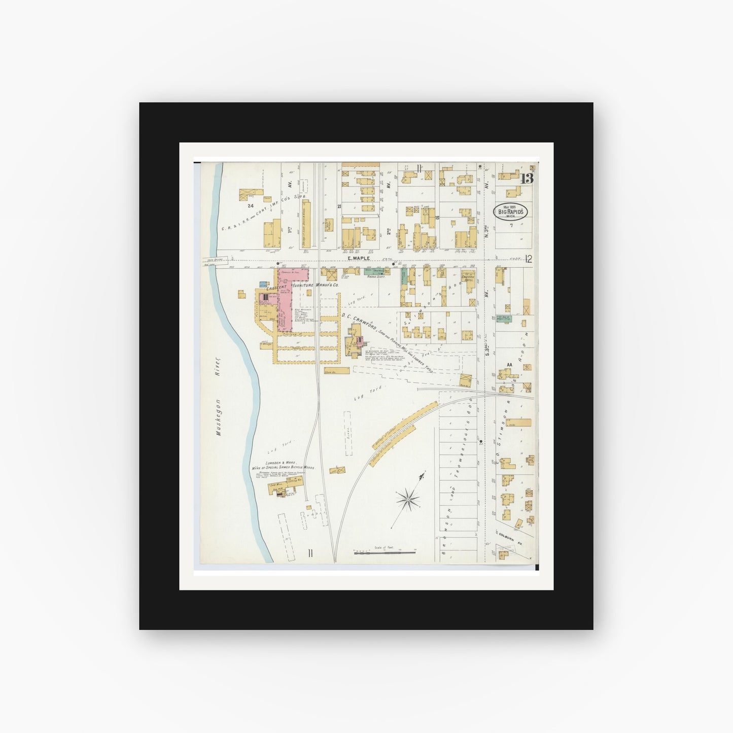 Old map wall art mockup — black gallery frame with white mat — Sanborn Fire Insurance Map from Big Rapids, Mecosta County, Michigan (1899), Sheet #0013