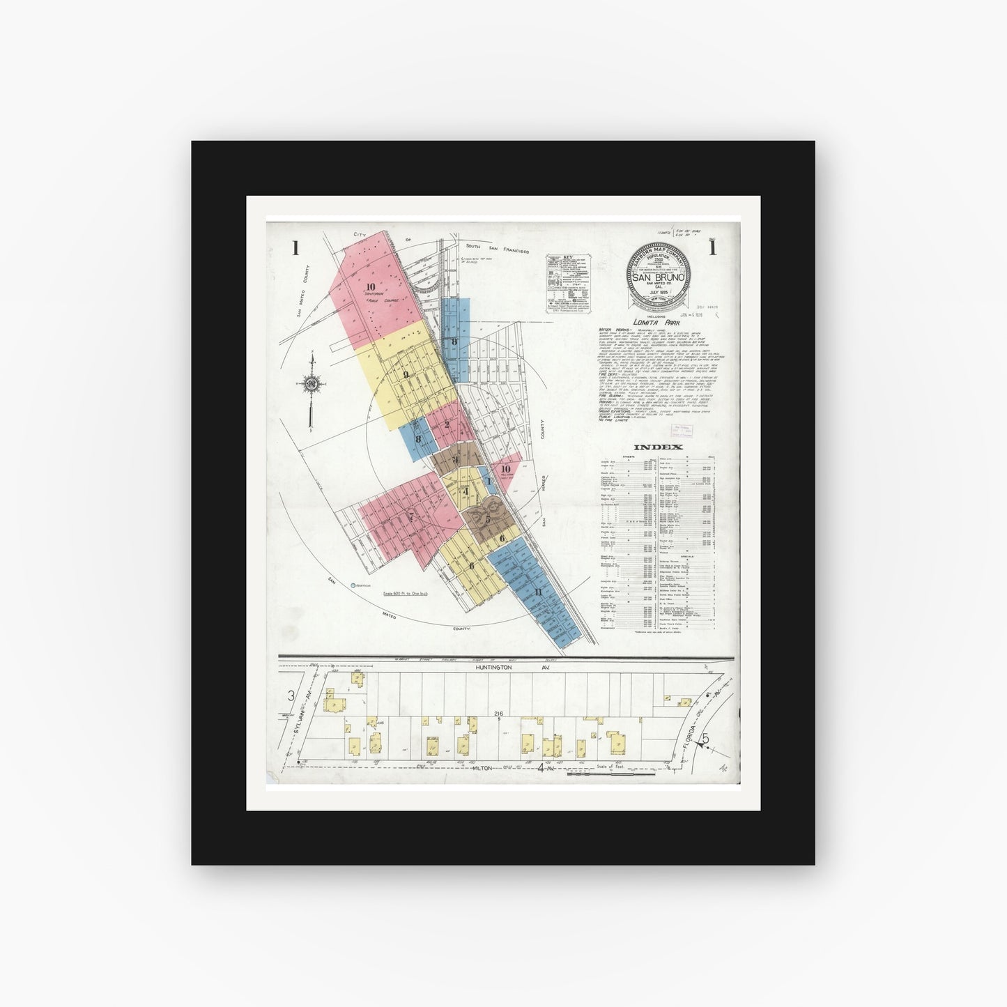 Old map wall art mockup — black gallery frame with white mat — Sanborn Fire Insurance Map from San Bruno, San Mateo County, California (1925) - Complete Map Set