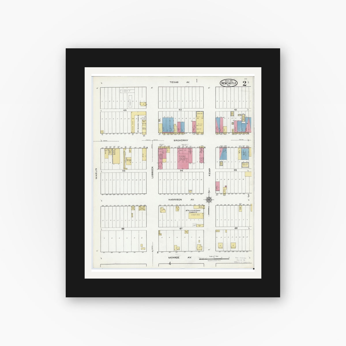 Old map wall art mockup — black gallery frame with white mat — Sanborn Fire Insurance Map from Newcastle, Young County, Texas (1921), Sheet #0002