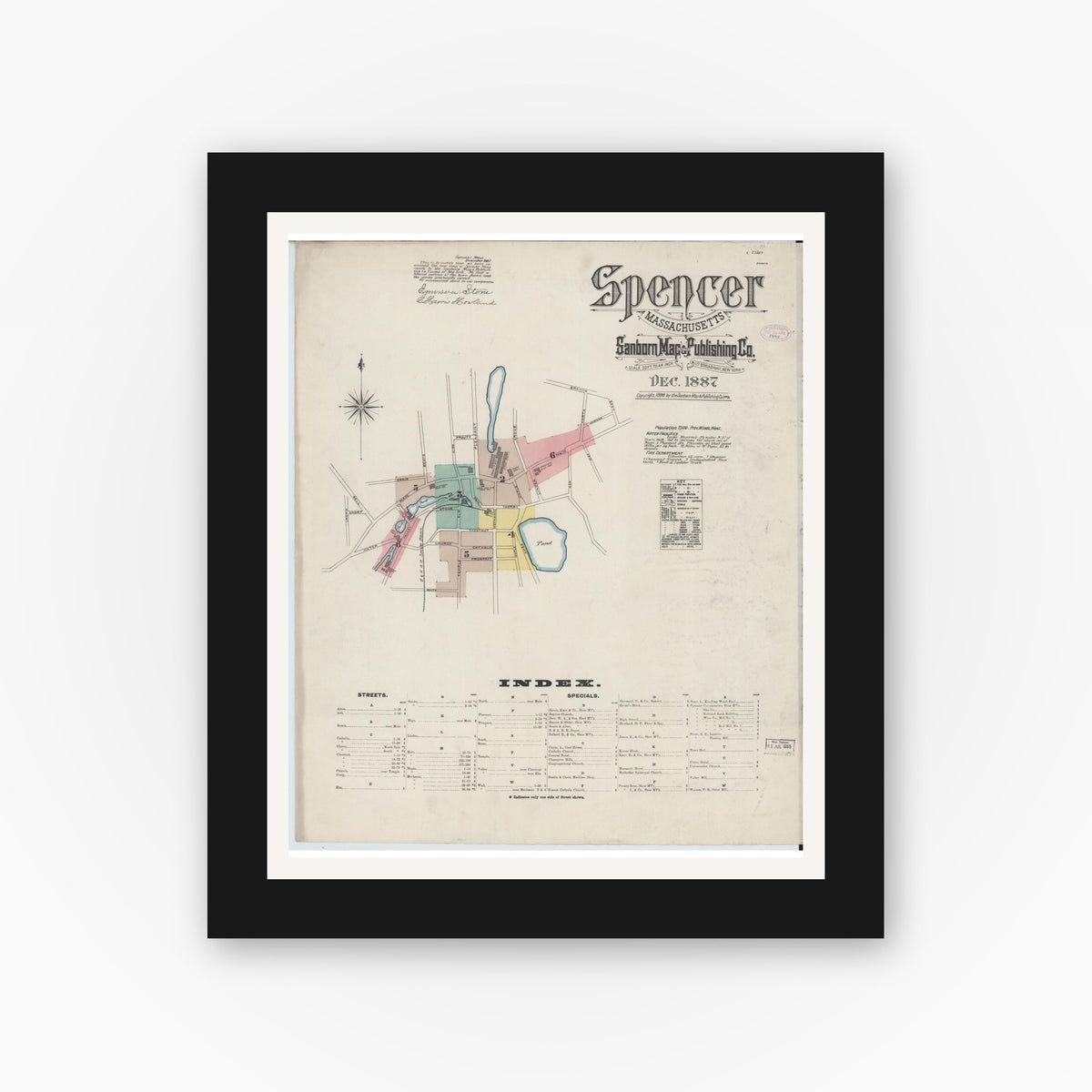Old map wall art mockup — black gallery frame with white mat — Sanborn Fire Insurance Map from Spencer, Worcester County, Massachusetts (1887) - Complete Map Set