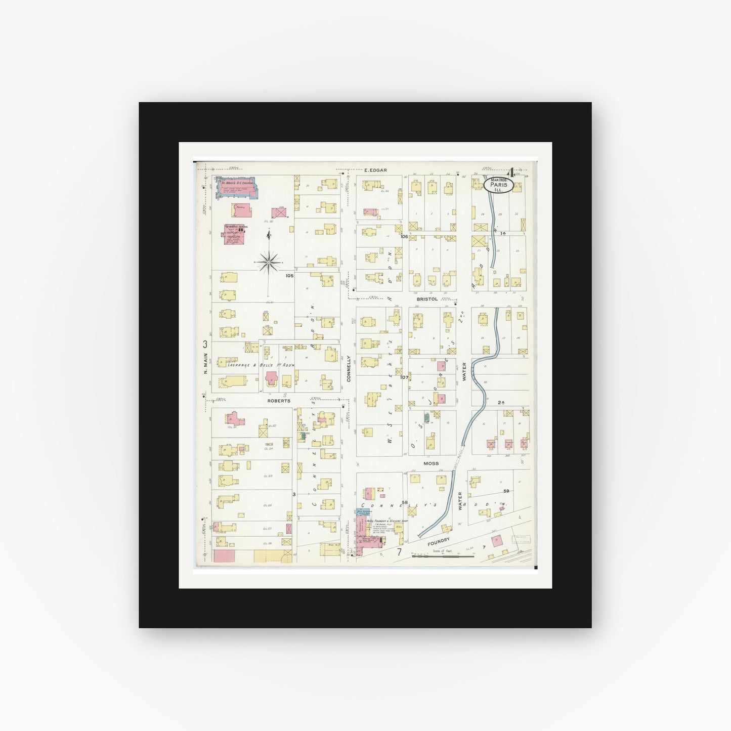 Old map wall art mockup — black gallery frame with white mat — Sanborn Fire Insurance Map from Paris, Edgar County, Illinois (1908), Sheet #0004