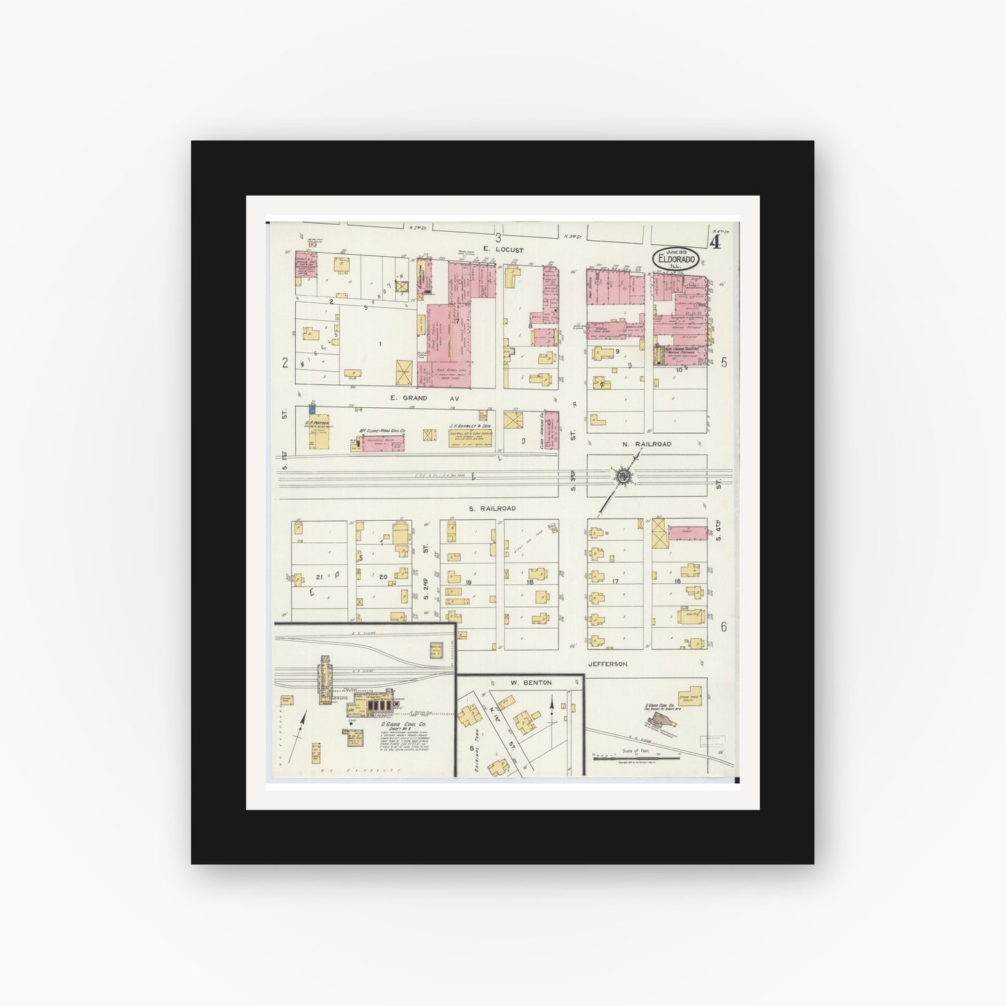 Old map wall art mockup — black gallery frame with white mat — Sanborn Fire Insurance Map from Eldorado, Saline County, Illinois (1919), Sheet #0004