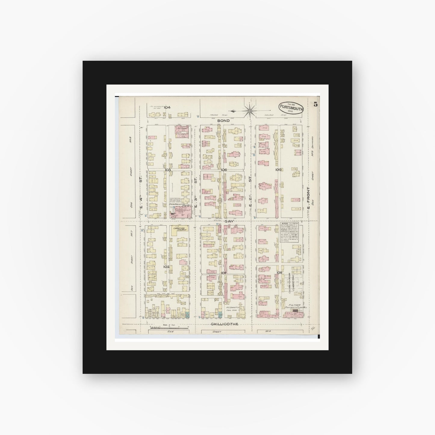 Old map wall art mockup — black gallery frame with white mat — Sanborn Fire Insurance Map from Portsmouth, Scioto County, Ohio (1884), Sheet #0005