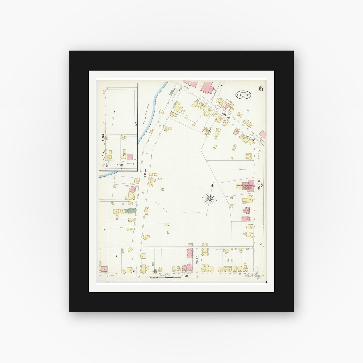 Old map wall art mockup — black gallery frame with white mat — Sanborn Fire Insurance Map from Freeport, Armstrong County, Pennsylvania (1908), Sheet #0006