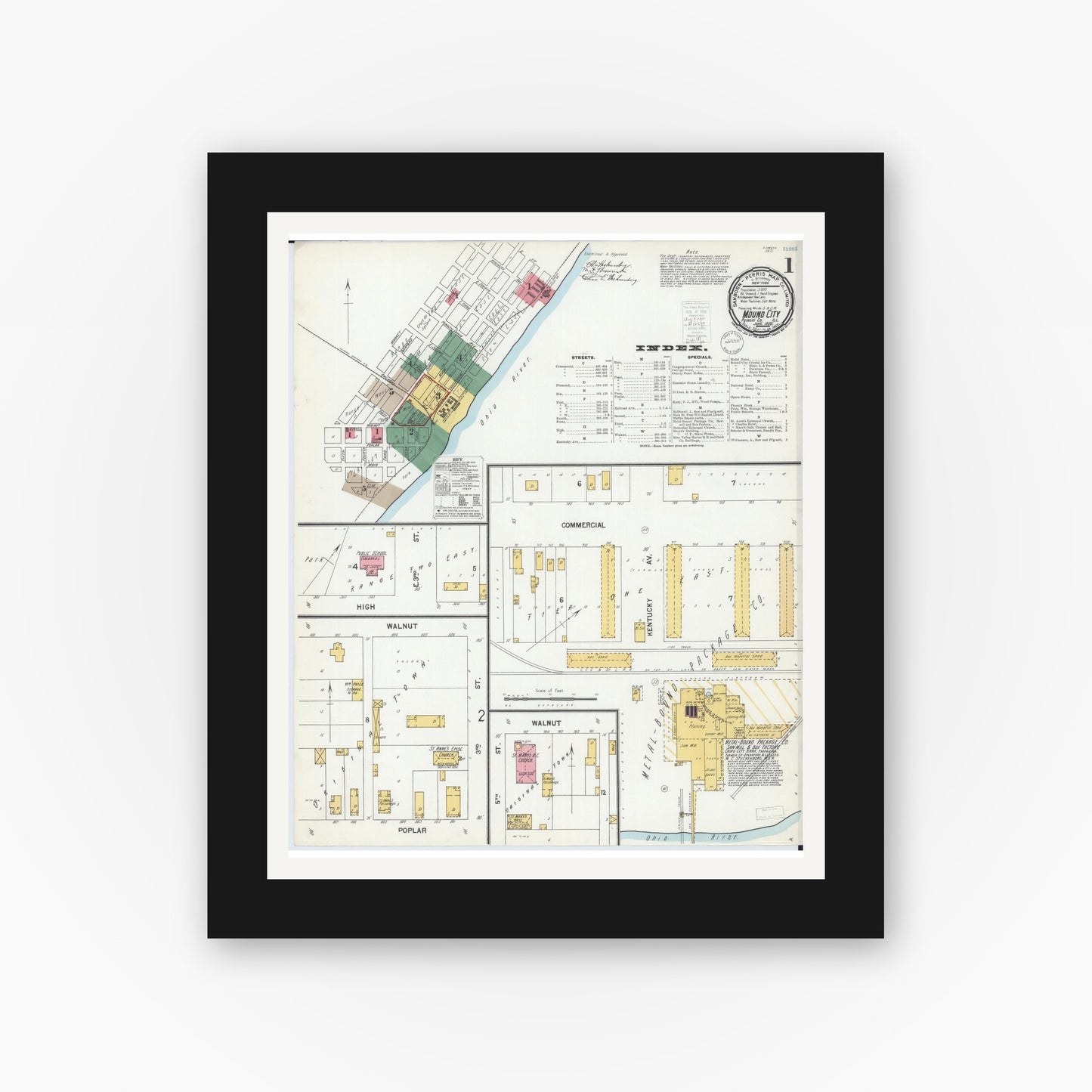 Old map wall art mockup — black gallery frame with white mat — Sanborn Fire Insurance Map from Mound City, Pulaski County, Illinois (1900), Sheet #0001