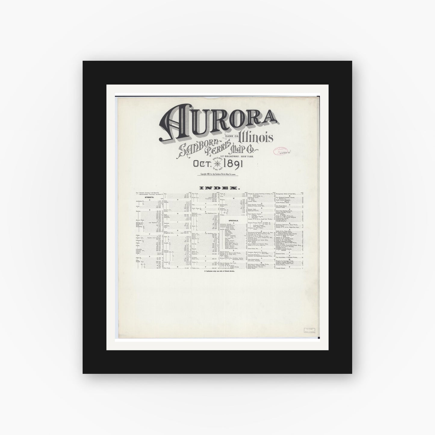 Old map wall art mockup — black gallery frame with white mat — Sanborn Fire Insurance Map from Aurora, Kane County, Illinois (1891), Sheet #0001