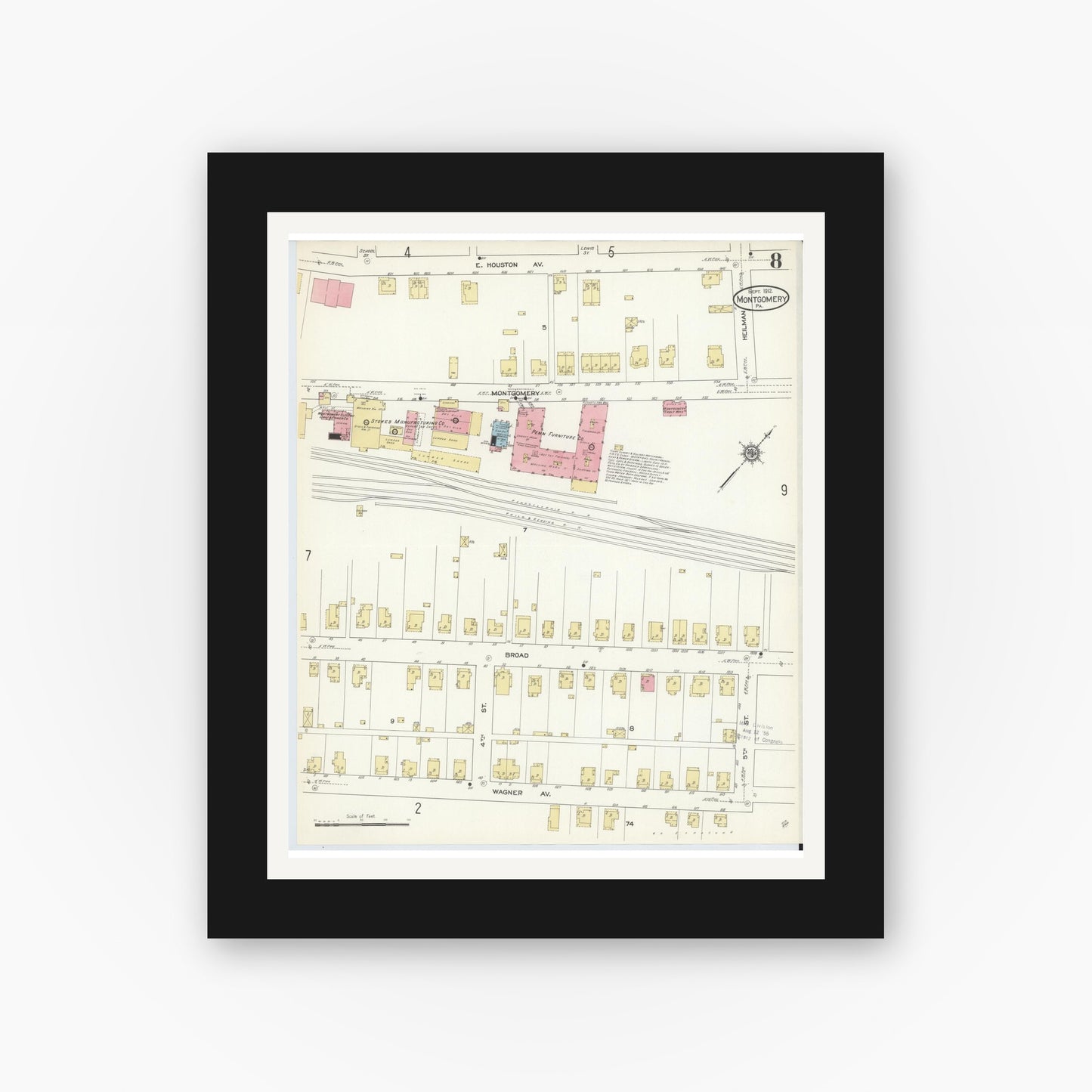 Old map wall art mockup — black gallery frame with white mat — Sanborn Fire Insurance Map from Montgomery, Lycoming County, Pennsylvania (1912), Sheet #0008