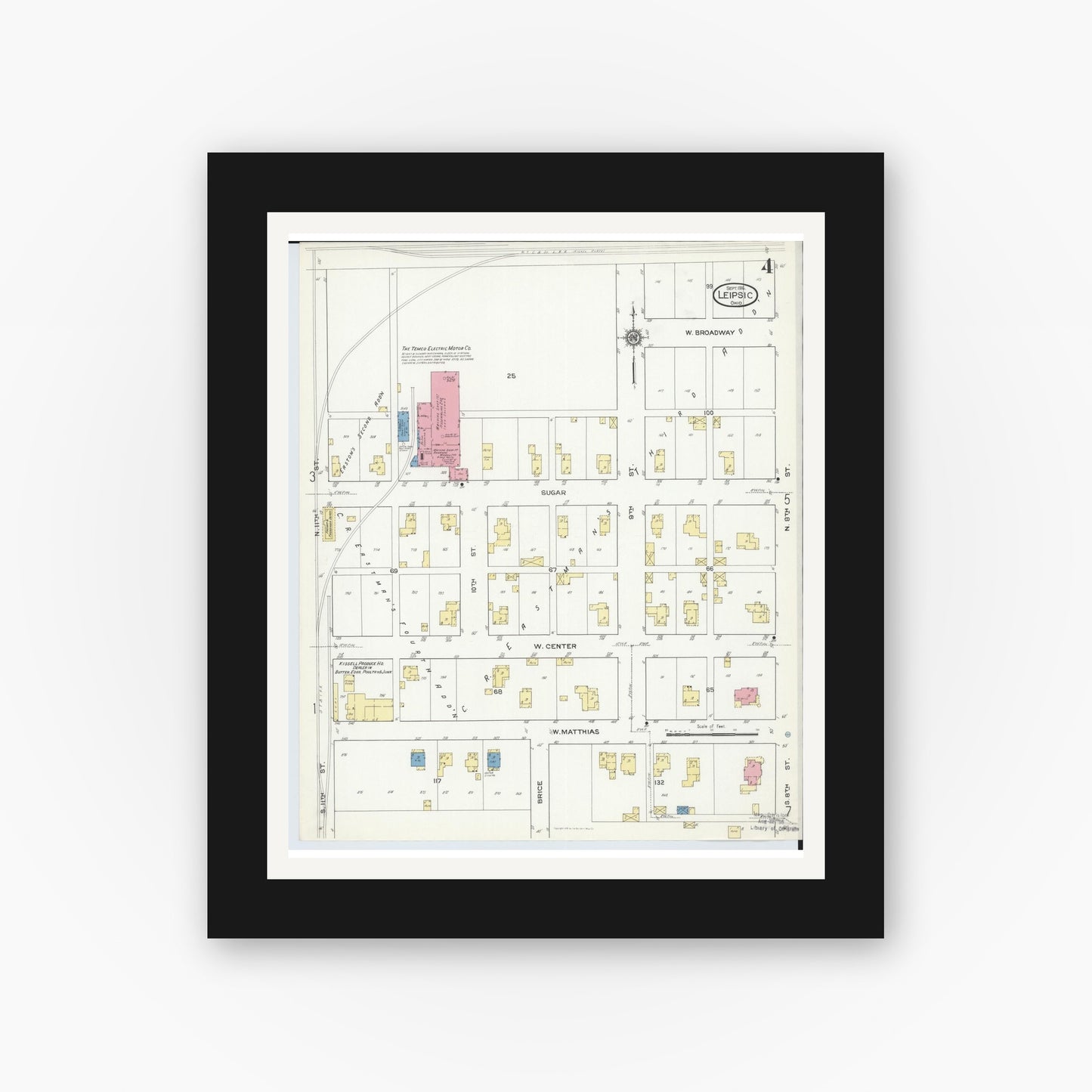 Old map wall art mockup — black gallery frame with white mat — Sanborn Fire Insurance Map from Leipsic, Putnam County, Ohio (1916), Sheet #0004