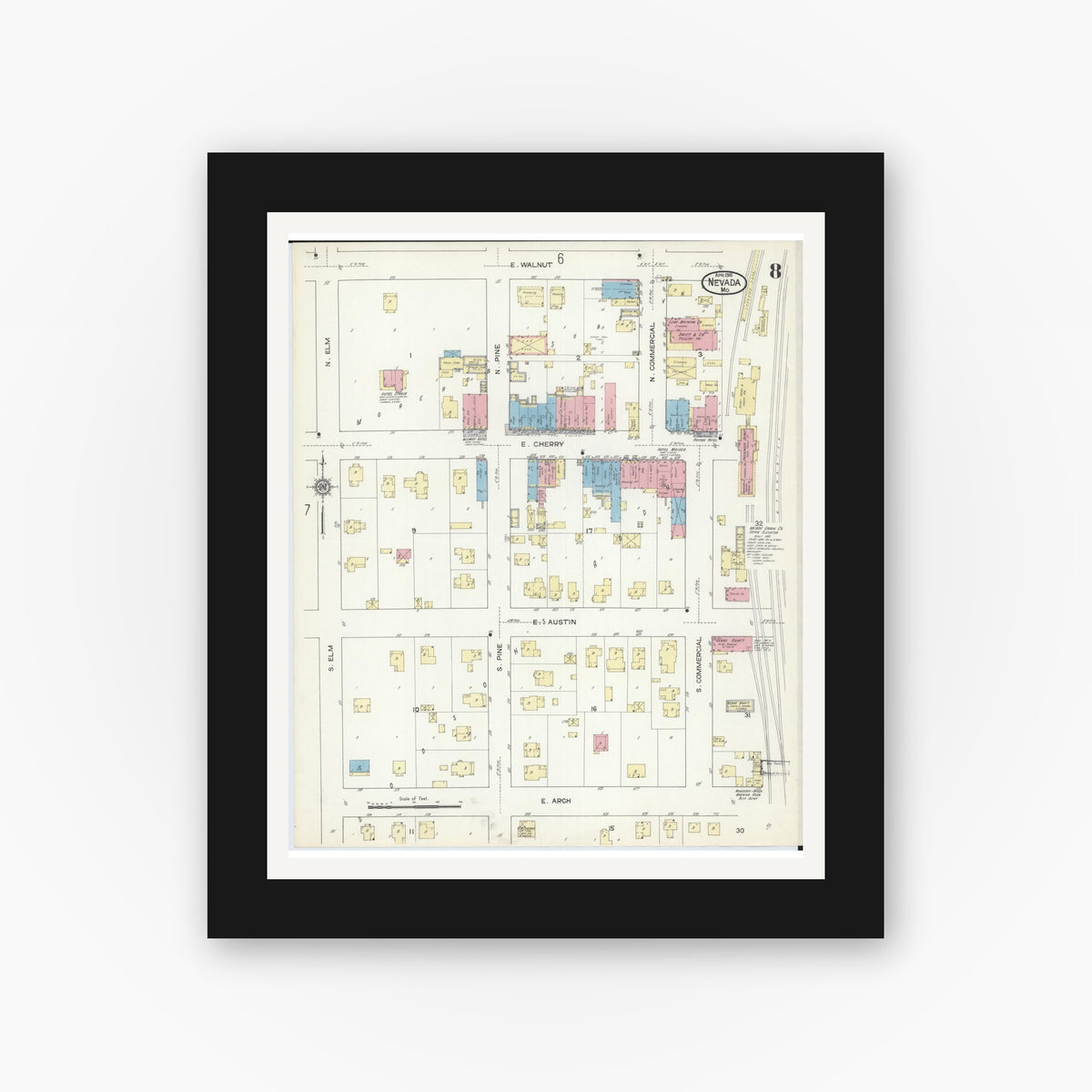 Old map wall art mockup — black gallery frame with white mat — Sanborn Fire Insurance Map from Nevada, Vernon County, Missouri (1914), Sheet #0008